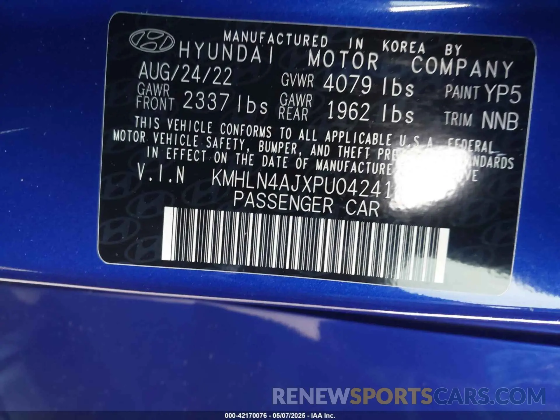 9 fotografías del automóvil dañado KMHLN4AJXPU042414 HYUNDAI ELANTRA HYBRID 2023