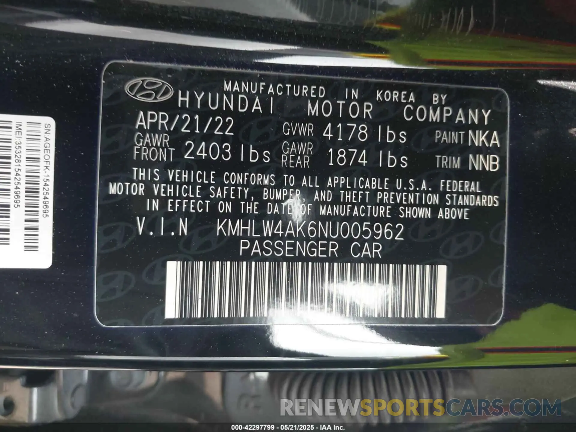 9 fotografías del automóvil dañado KMHLW4AK6NU005962 HYUNDAI ELANTRA N 2022
