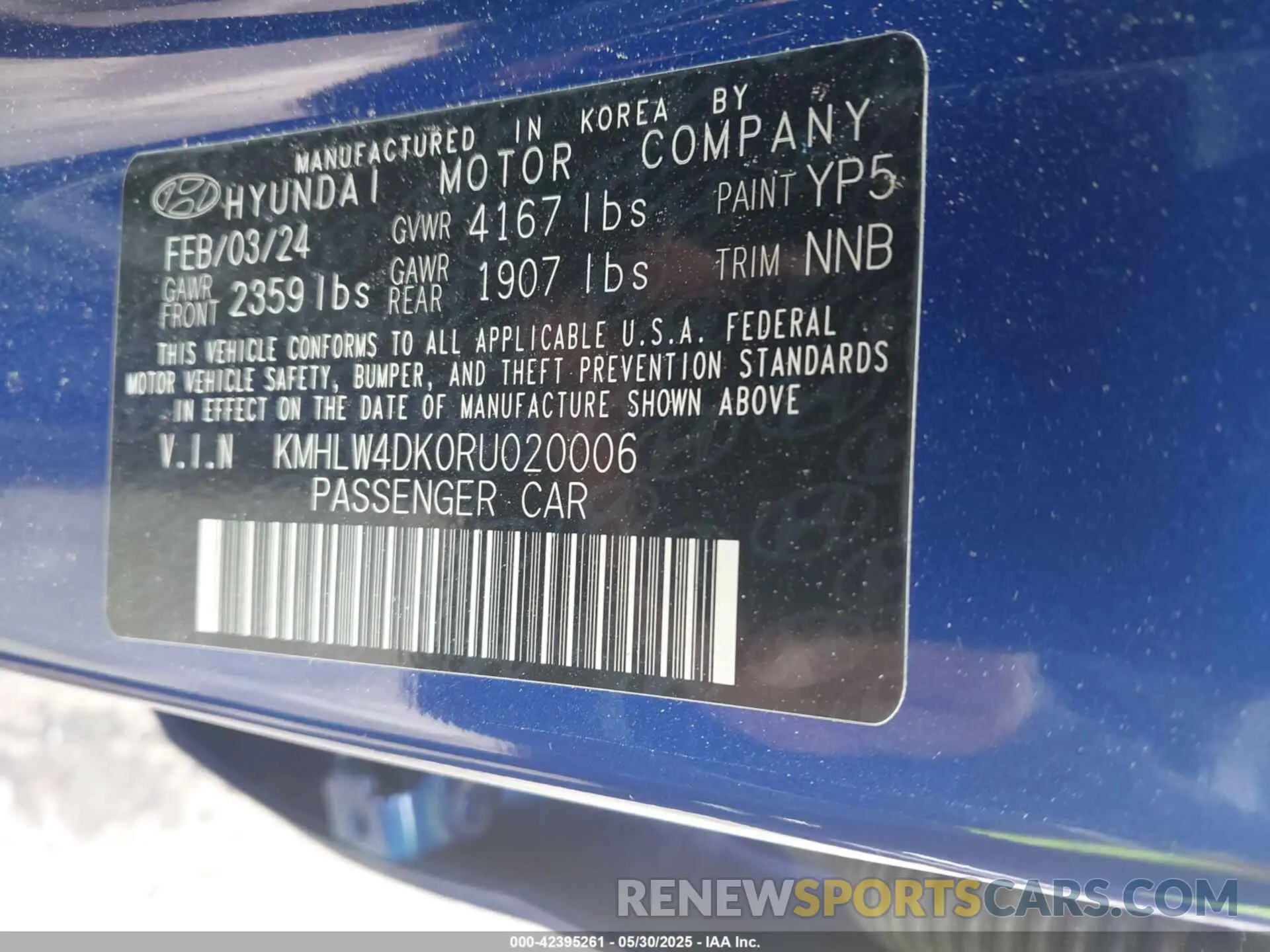 9 fotografías del automóvil dañado KMHLW4DK0RU020006 HYUNDAI ELANTRA N 2024