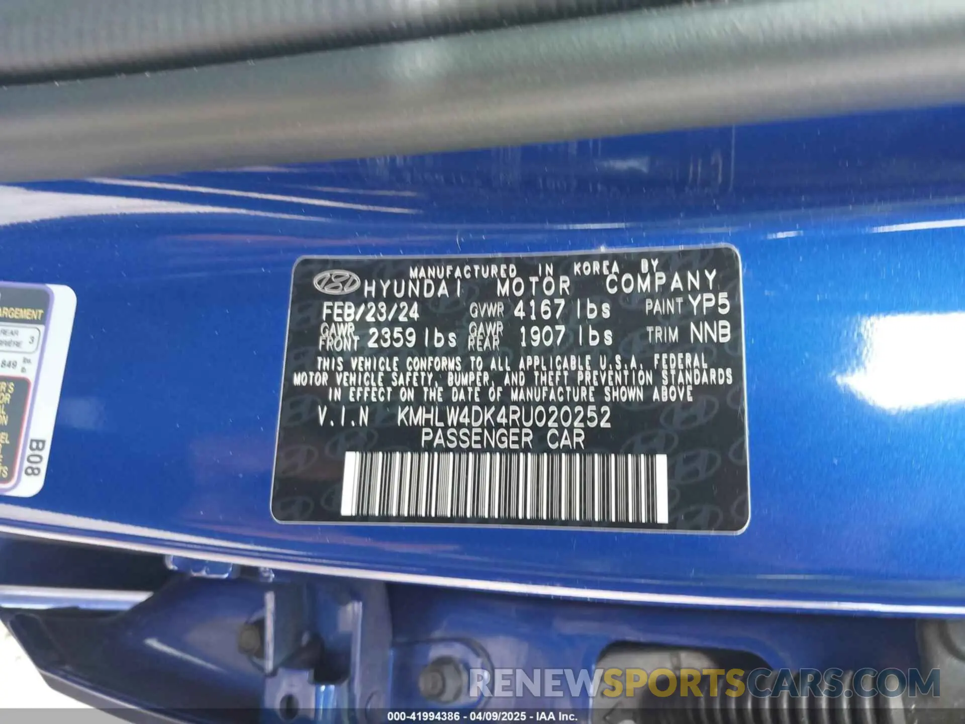 9 fotografías del automóvil dañado KMHLW4DK4RU020252 HYUNDAI ELANTRA N 2024