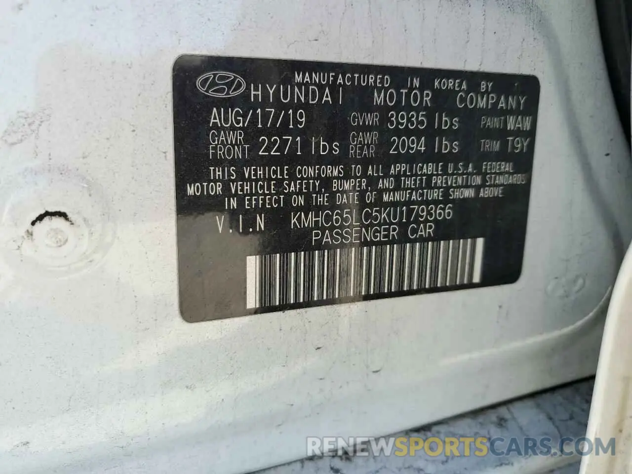 12 fotografías del automóvil dañado KMHC65LC5KU179366 HYUNDAI IONIQ 2019