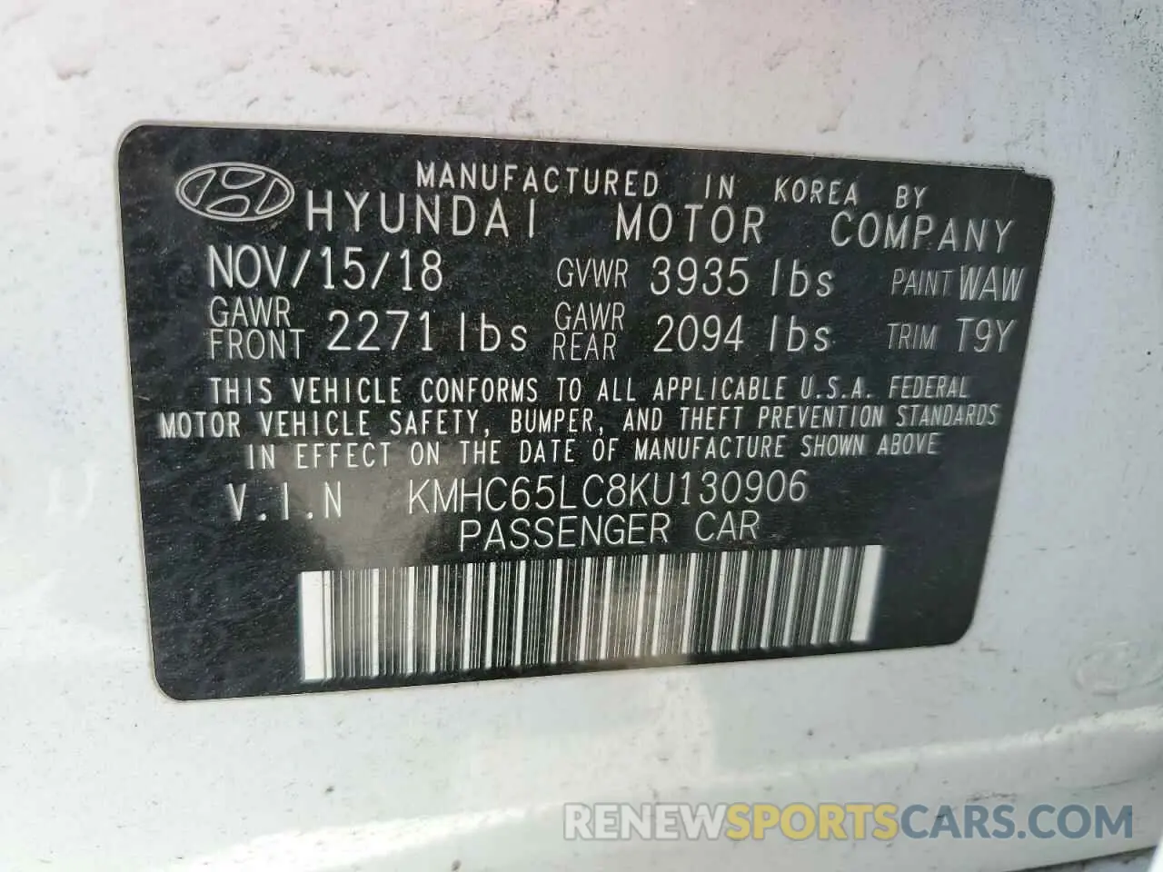 12 fotografías del automóvil dañado KMHC65LC8KU130906 HYUNDAI IONIQ 2019