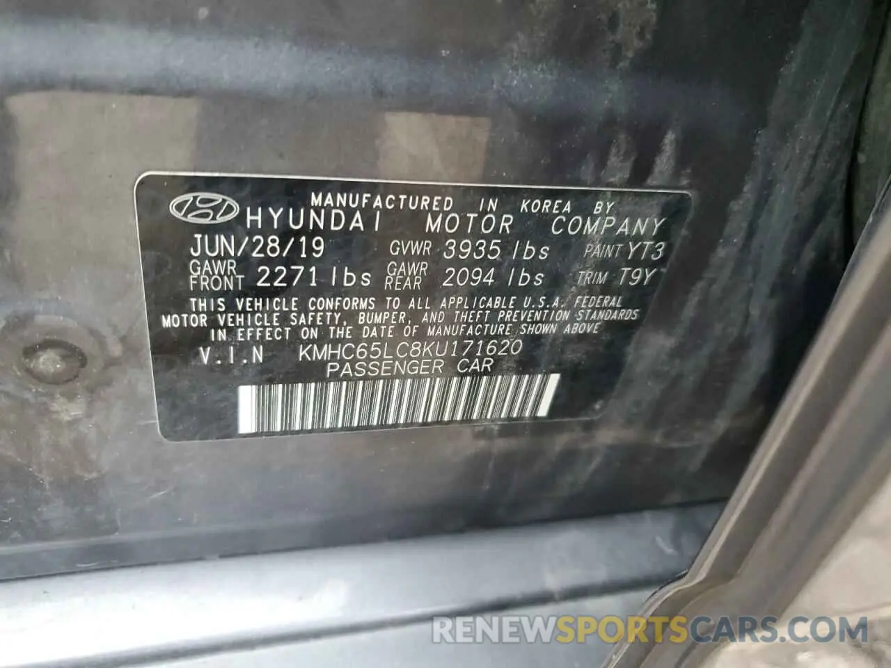 12 fotografías del automóvil dañado KMHC65LC8KU171620 HYUNDAI IONIQ 2019