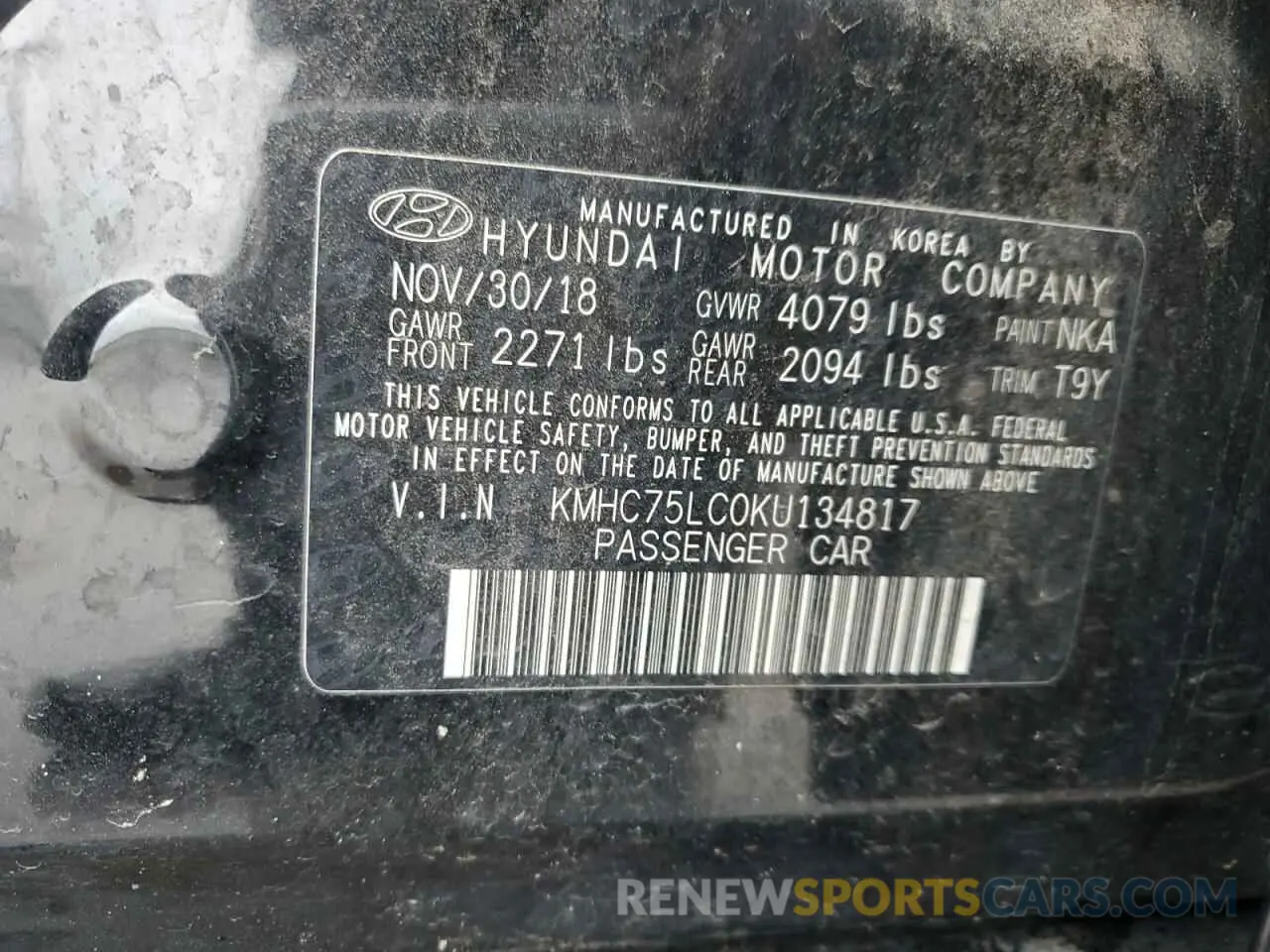 14 fotografías del automóvil dañado KMHC75LC0KU134817 HYUNDAI IONIQ 2019