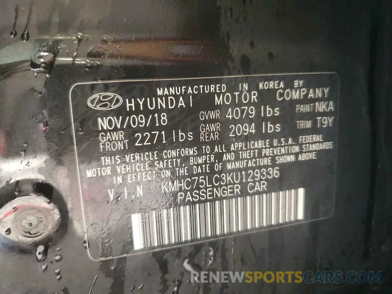 12 fotografías del automóvil dañado KMHC75LC3KU129336 HYUNDAI IONIQ 2019