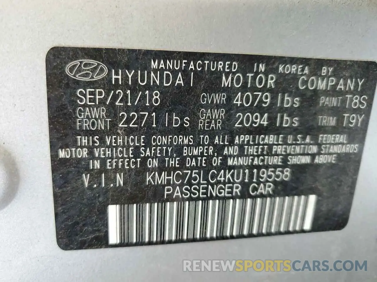12 fotografías del automóvil dañado KMHC75LC4KU119558 HYUNDAI IONIQ 2019