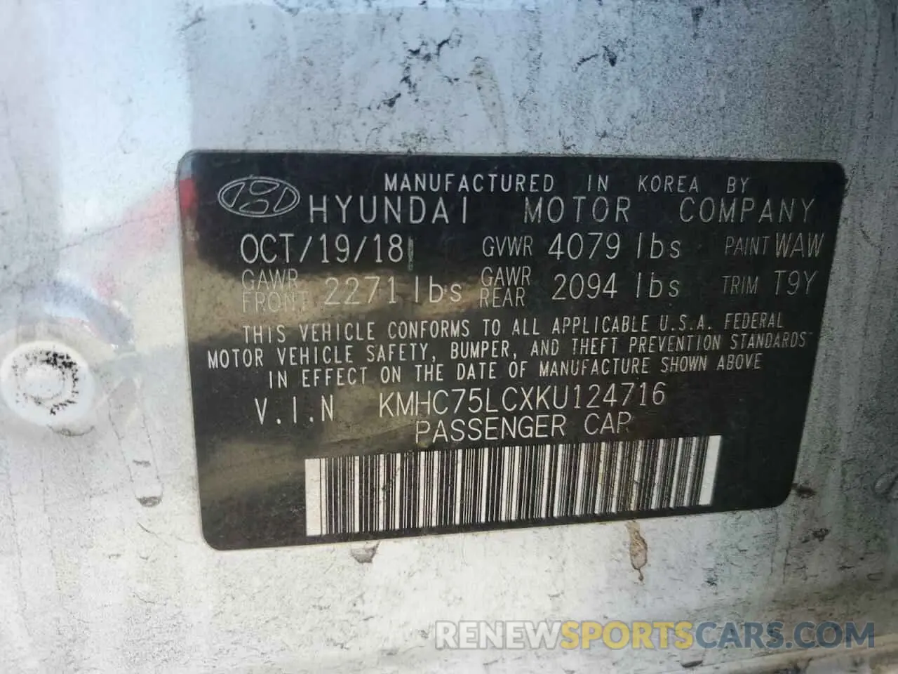 12 fotografías del automóvil dañado KMHC75LCXKU124716 HYUNDAI IONIQ 2019