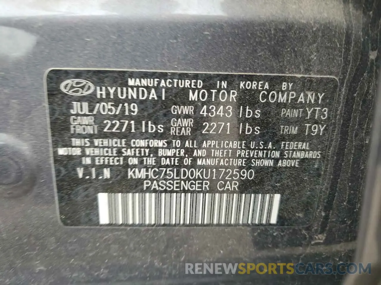 12 fotografías del automóvil dañado KMHC75LD0KU172590 HYUNDAI IONIQ 2019