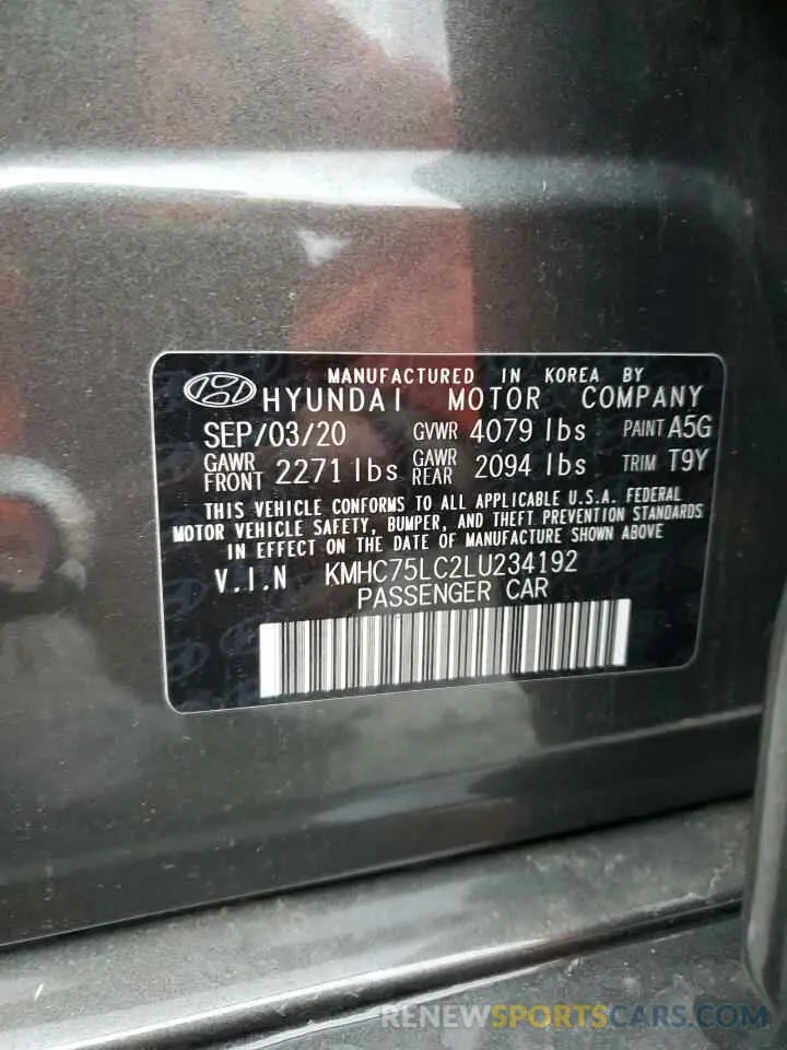 12 fotografías del automóvil dañado KMHC75LC2LU234192 HYUNDAI IONIQ 2020