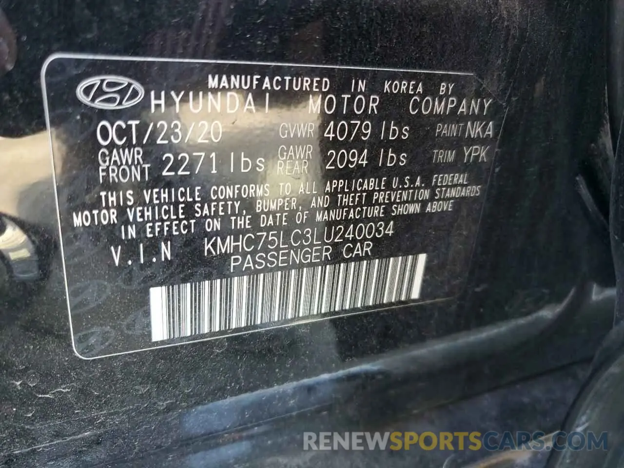 12 fotografías del automóvil dañado KMHC75LC3LU240034 HYUNDAI IONIQ 2020