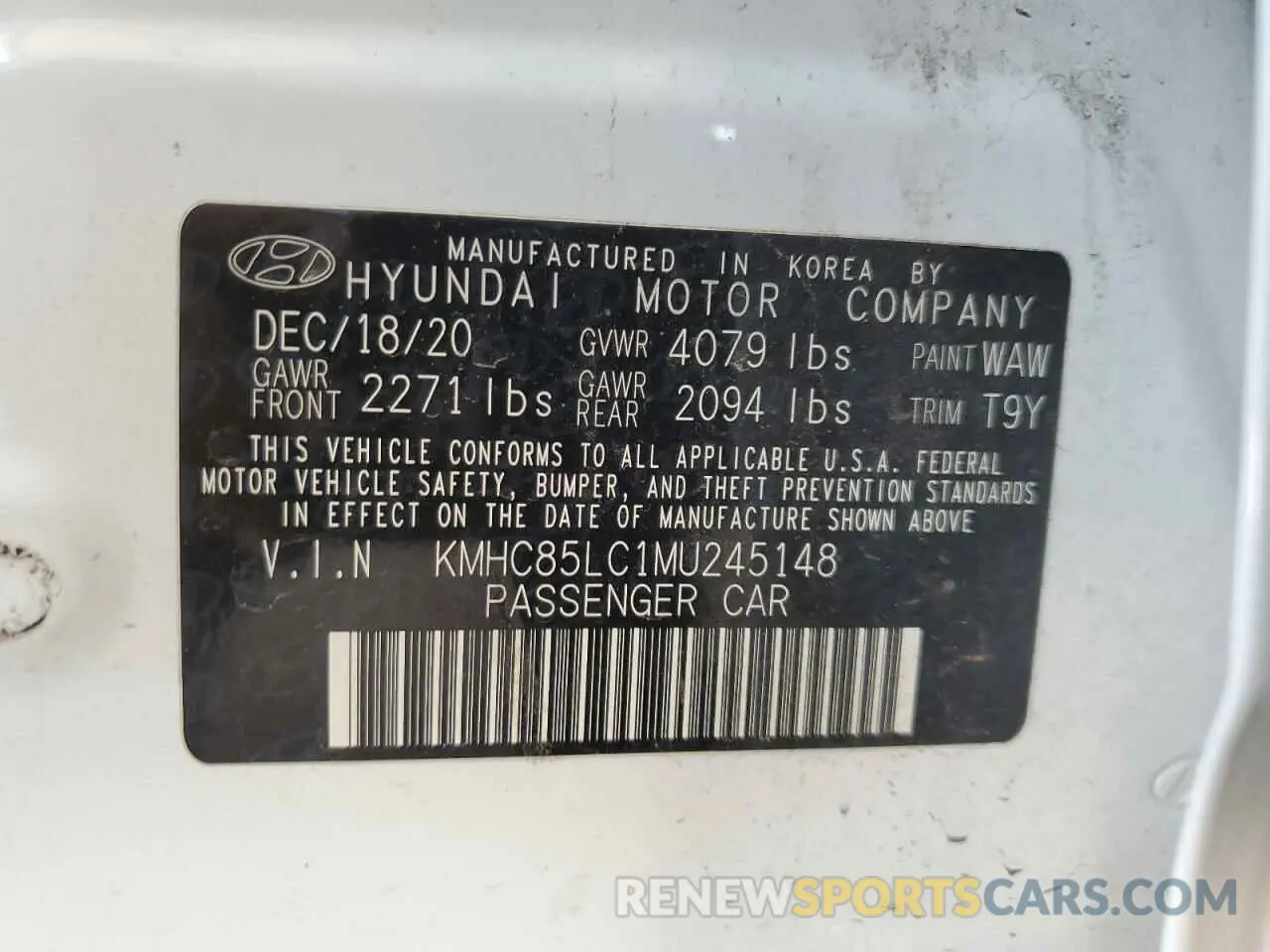 12 fotografías del automóvil dañado KMHC85LC1MU245148 HYUNDAI IONIQ 2021
