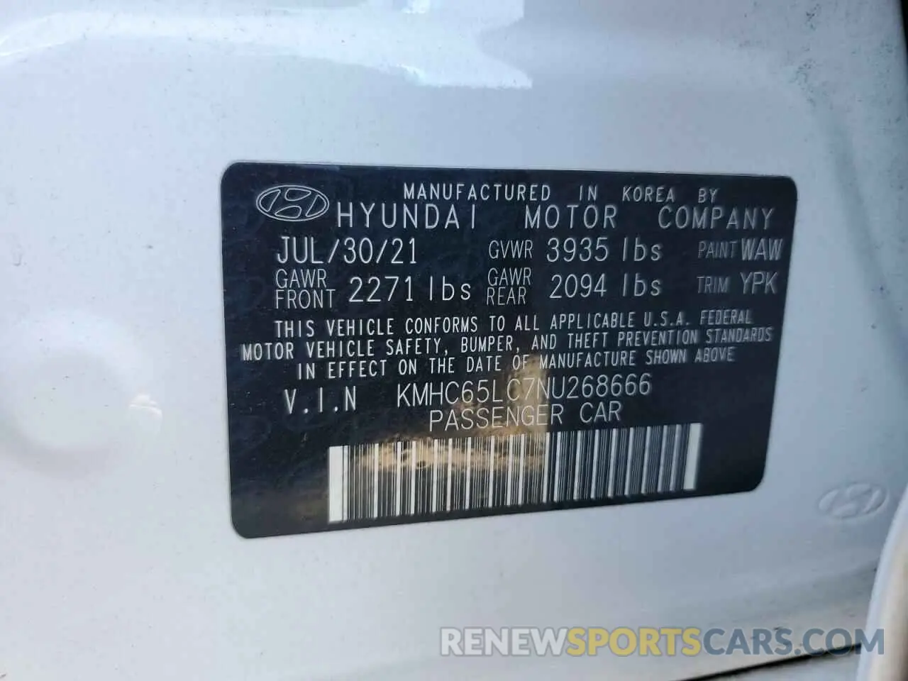 12 fotografías del automóvil dañado KMHC65LC7NU268666 HYUNDAI IONIQ 2022