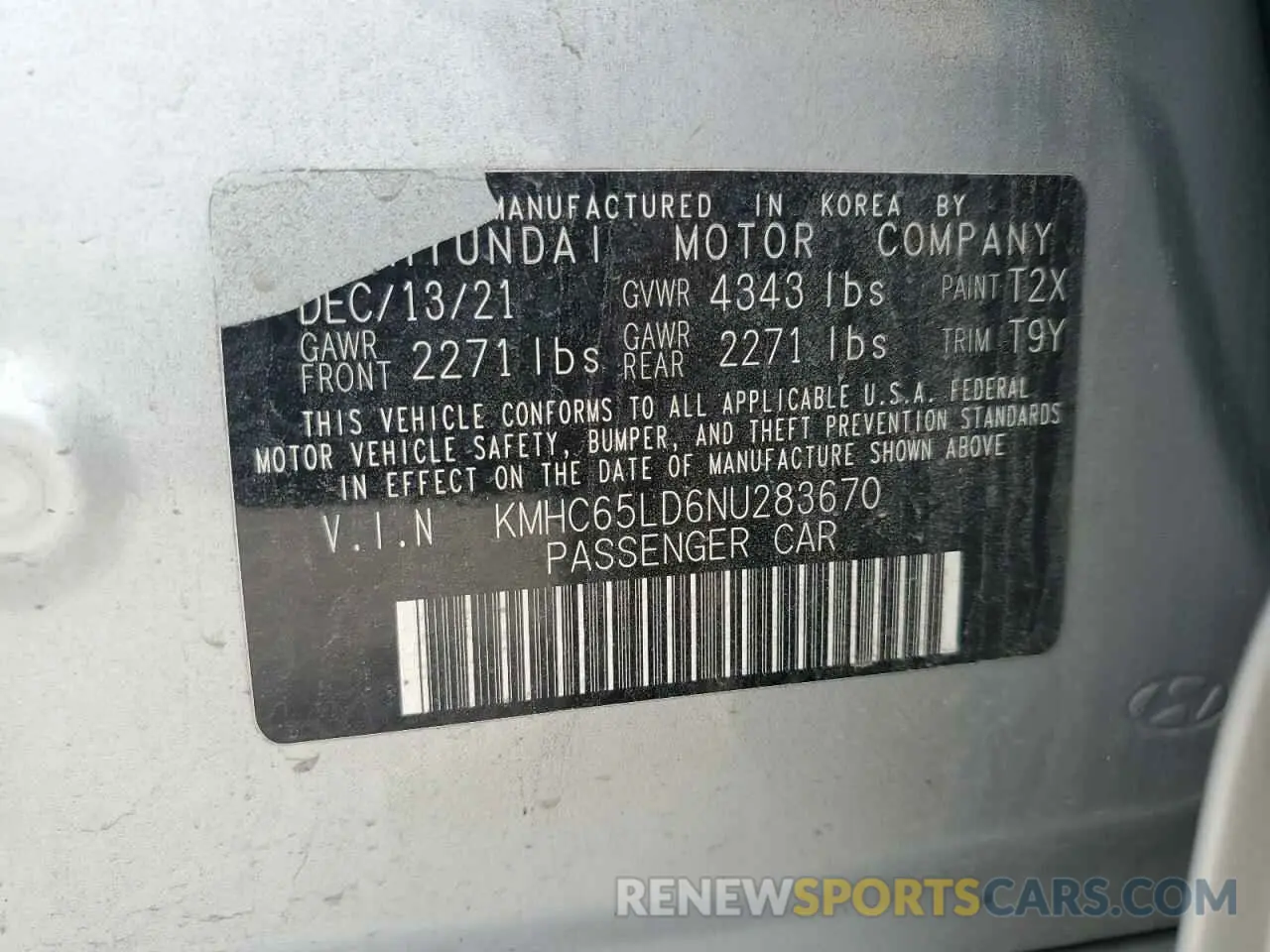 12 fotografías del automóvil dañado KMHC65LD6NU283670 HYUNDAI IONIQ 2022
