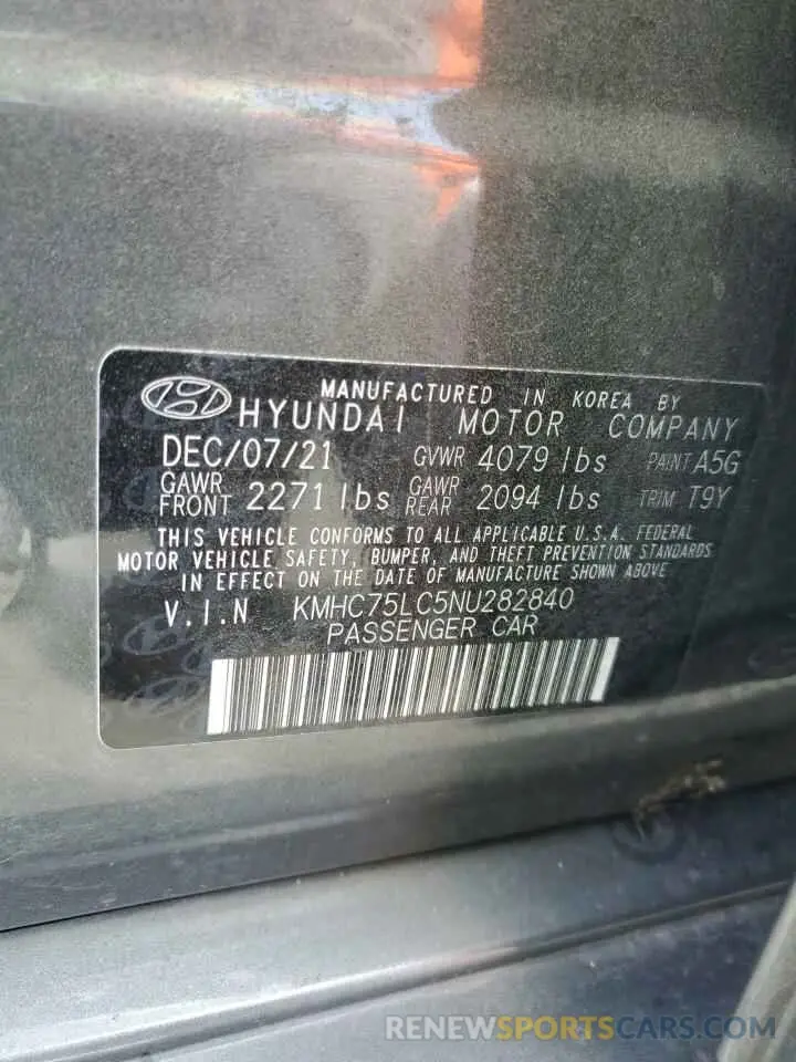 12 fotografías del automóvil dañado KMHC75LC5NU282840 HYUNDAI IONIQ 2022