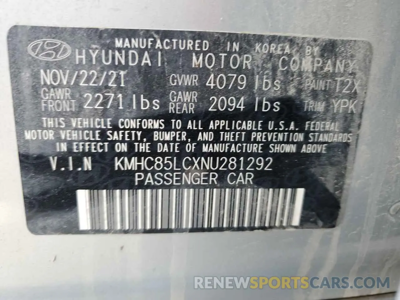 12 fotografías del automóvil dañado KMHC85LCXNU281292 HYUNDAI IONIQ 2022