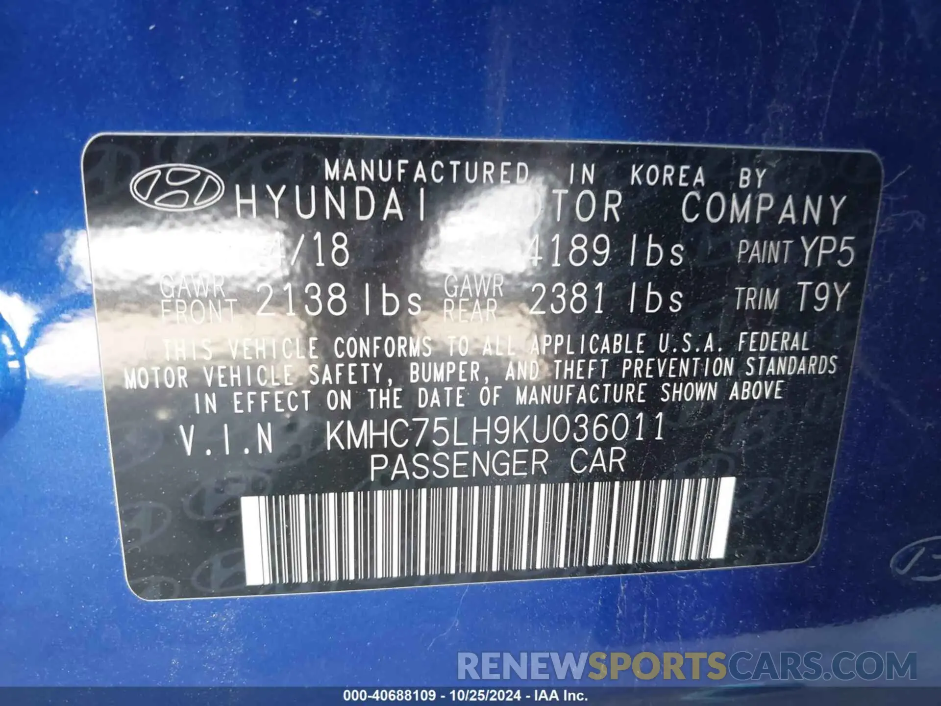 9 fotografías del automóvil dañado KMHC75LH9KU036011 HYUNDAI IONIQ ELECTRIC 2019