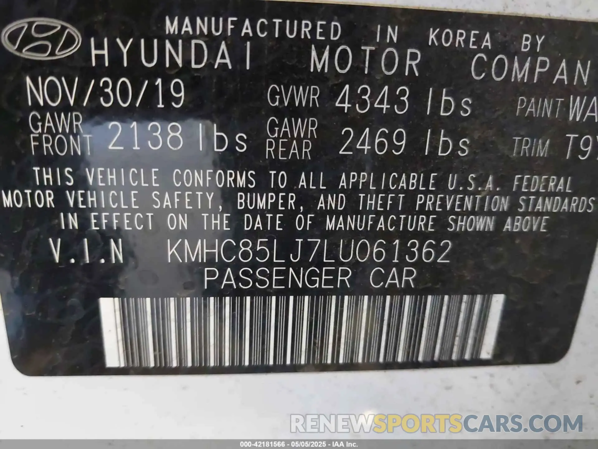 9 fotografías del automóvil dañado KMHC85LJ7LU061362 HYUNDAI IONIQ ELECTRIC 2020