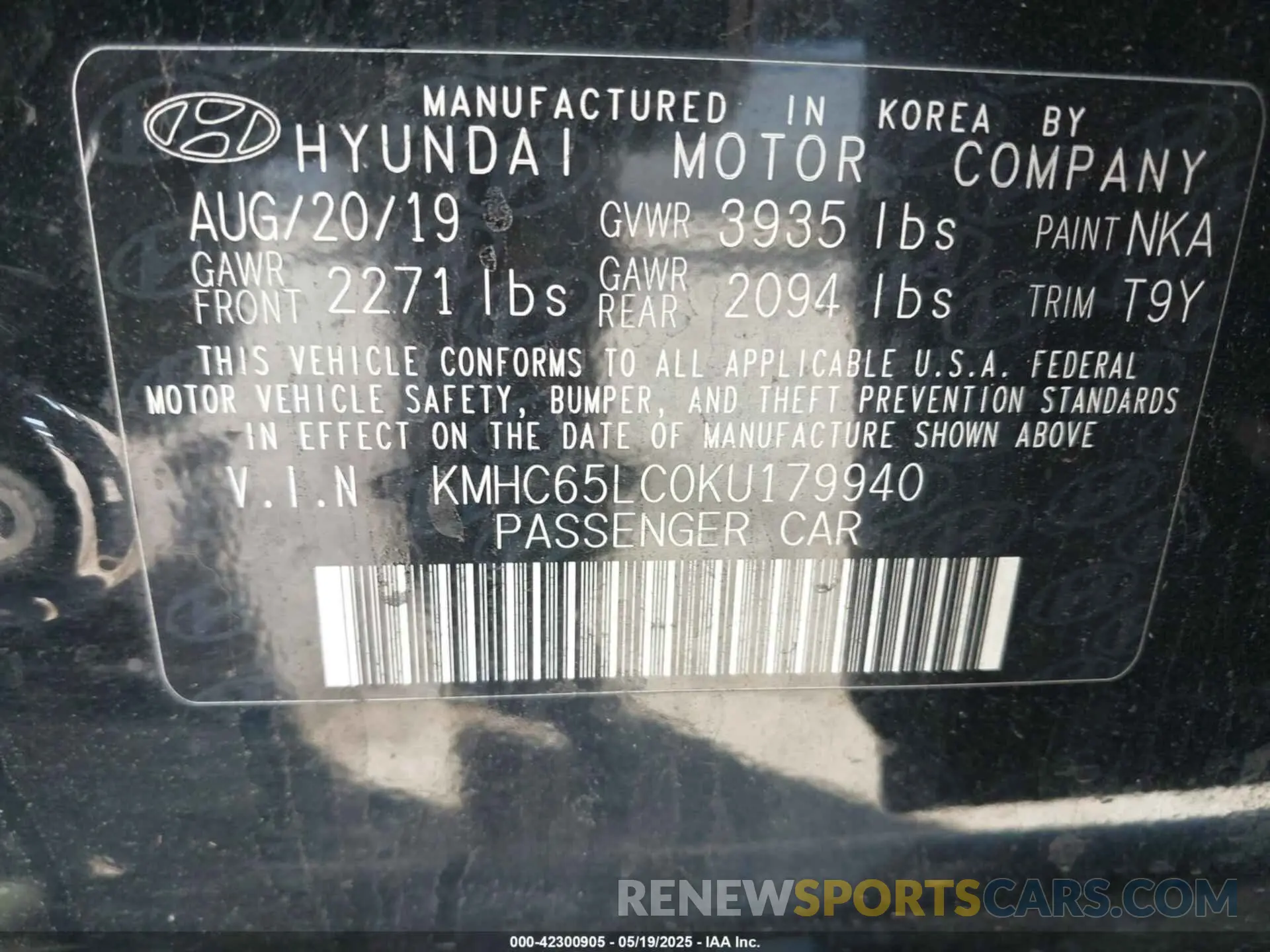 9 fotografías del automóvil dañado KMHC65LC0KU179940 HYUNDAI IONIQ HYBRID 2019
