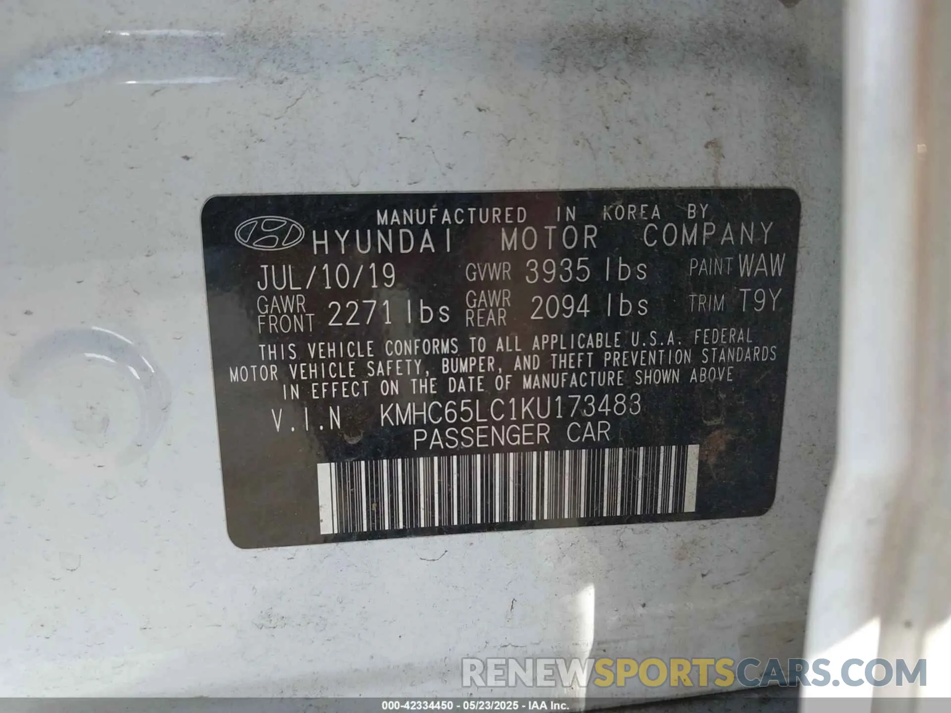 9 fotografías del automóvil dañado KMHC65LC1KU173483 HYUNDAI IONIQ HYBRID 2019
