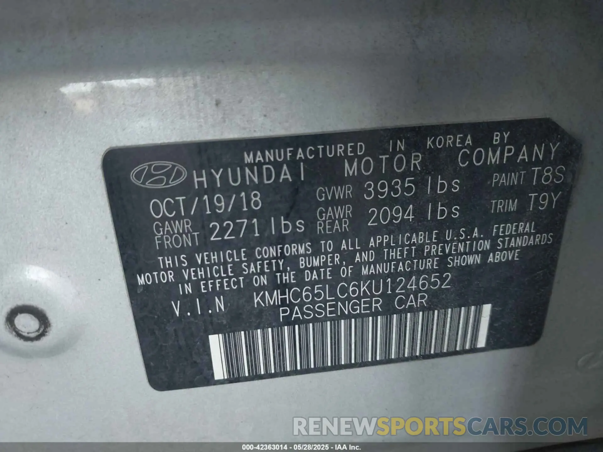 9 fotografías del automóvil dañado KMHC65LC6KU124652 HYUNDAI IONIQ HYBRID 2019