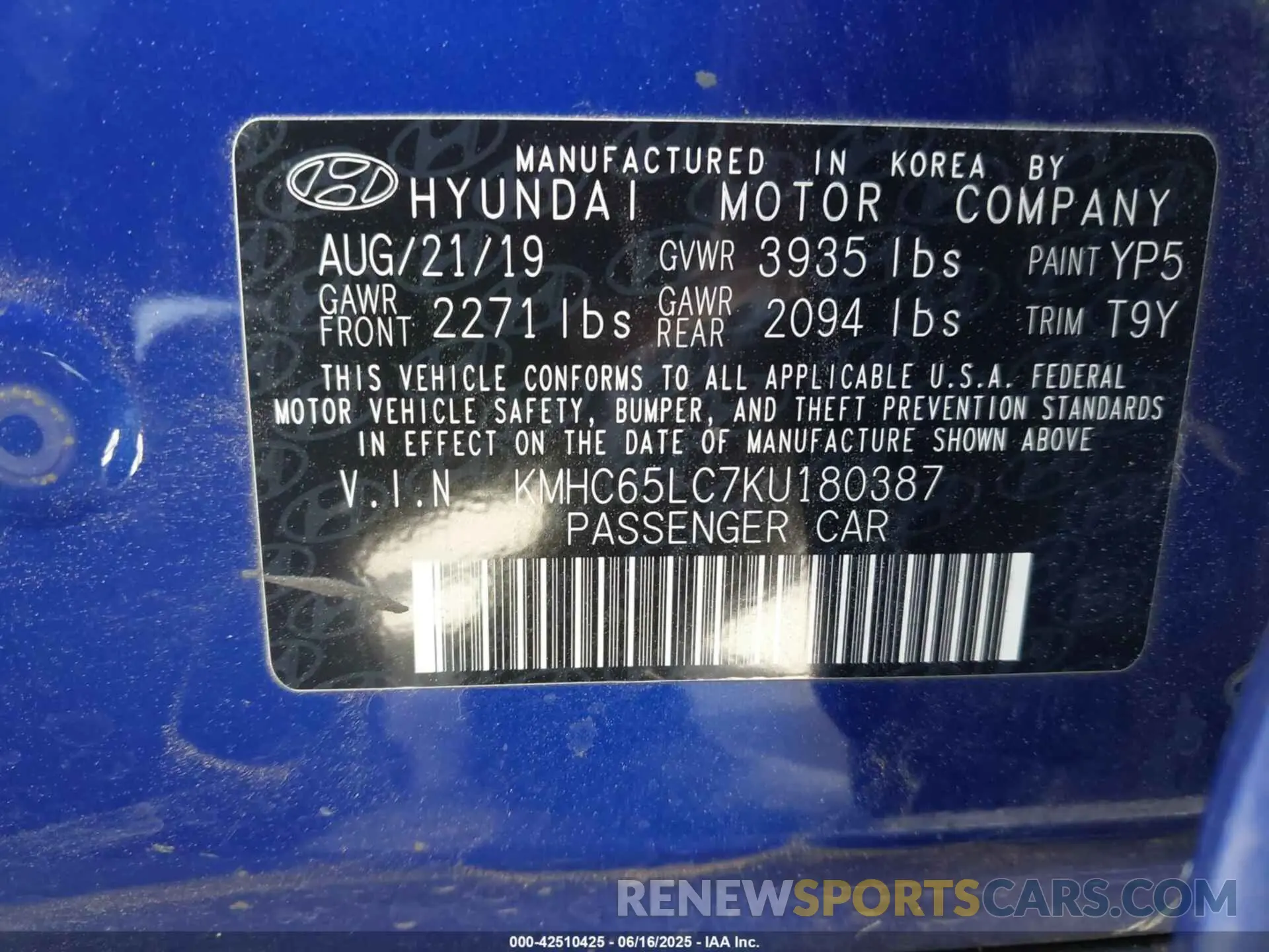 9 fotografías del automóvil dañado KMHC65LC7KU180387 HYUNDAI IONIQ HYBRID 2019