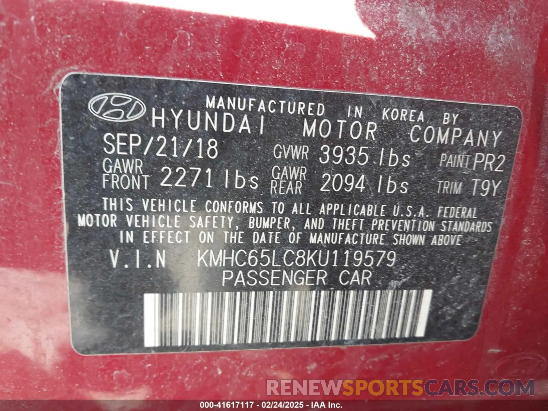 9 fotografías del automóvil dañado KMHC65LC8KU119579 HYUNDAI IONIQ HYBRID 2019