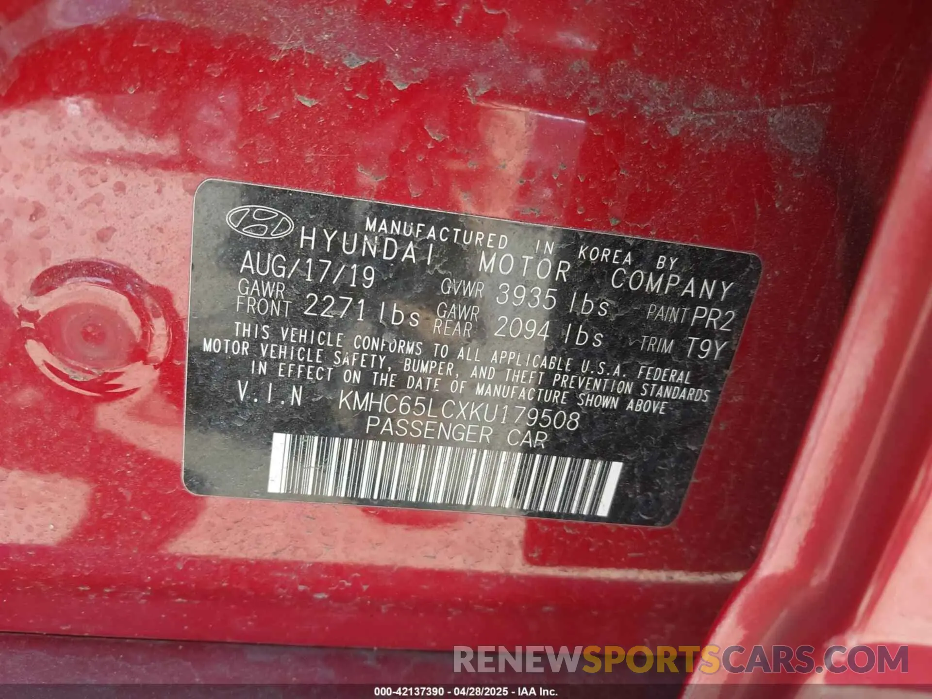 9 fotografías del automóvil dañado KMHC65LCXKU179508 HYUNDAI IONIQ HYBRID 2019