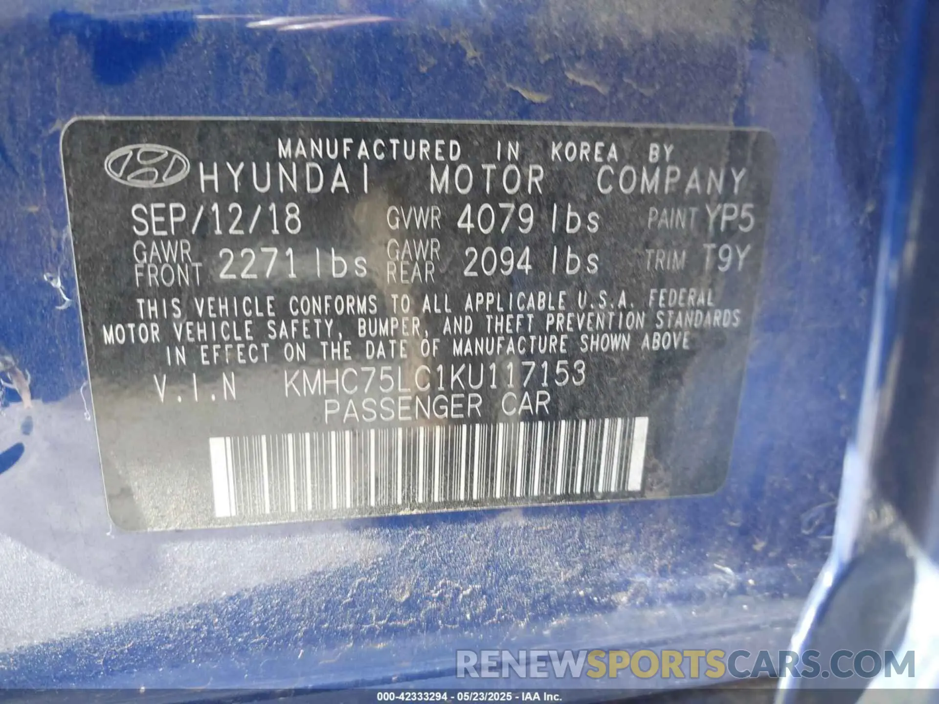 9 fotografías del automóvil dañado KMHC75LC1KU117153 HYUNDAI IONIQ HYBRID 2019