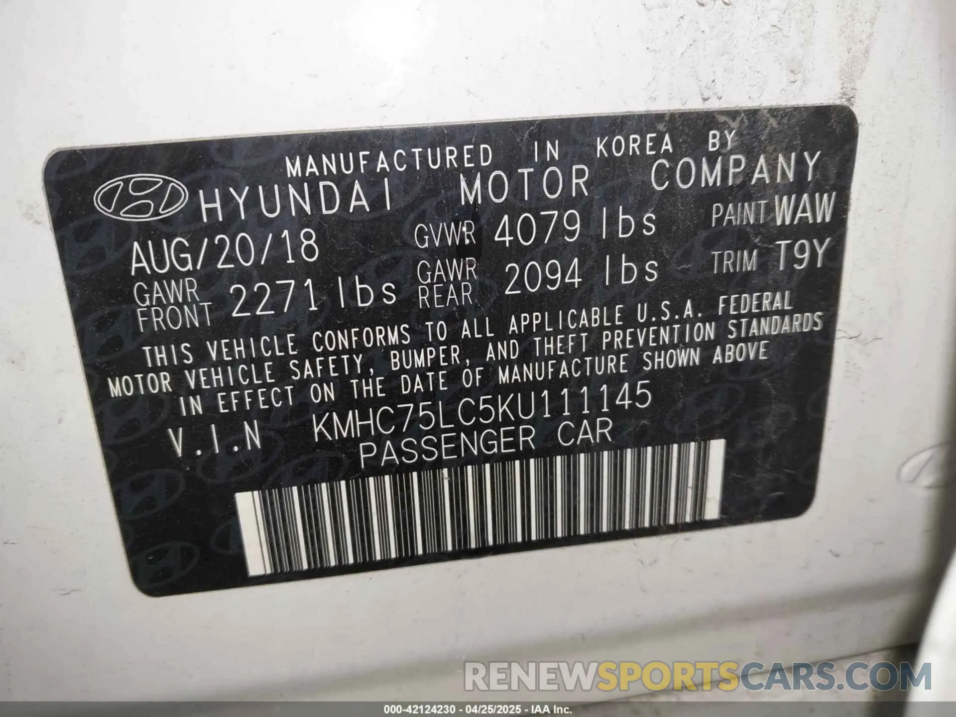 9 fotografías del automóvil dañado KMHC75LC5KU111145 HYUNDAI IONIQ HYBRID 2019