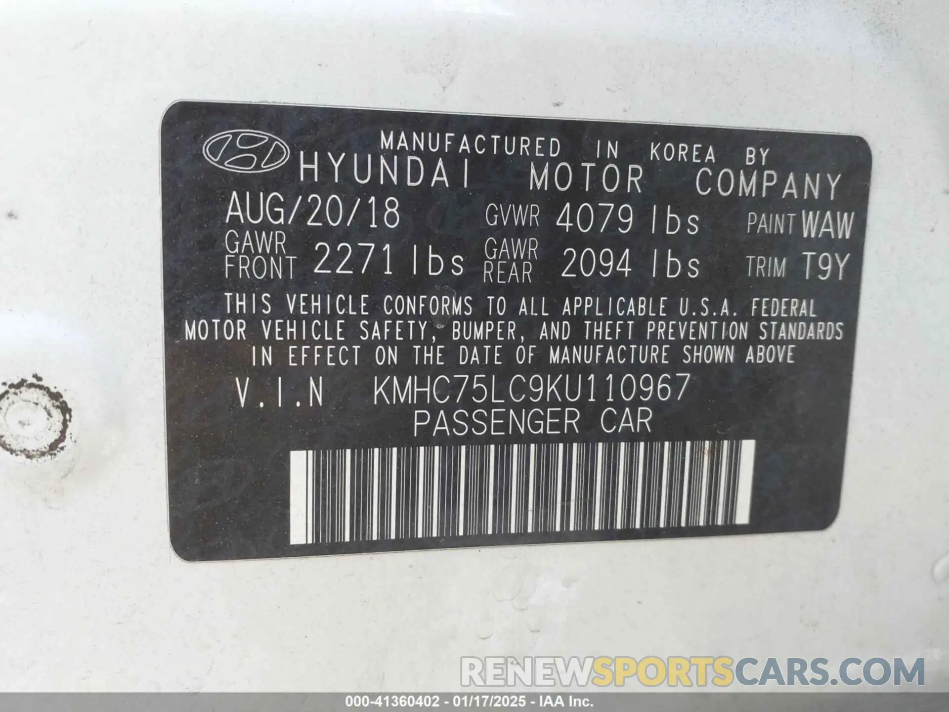 9 fotografías del automóvil dañado KMHC75LC9KU110967 HYUNDAI IONIQ HYBRID 2019