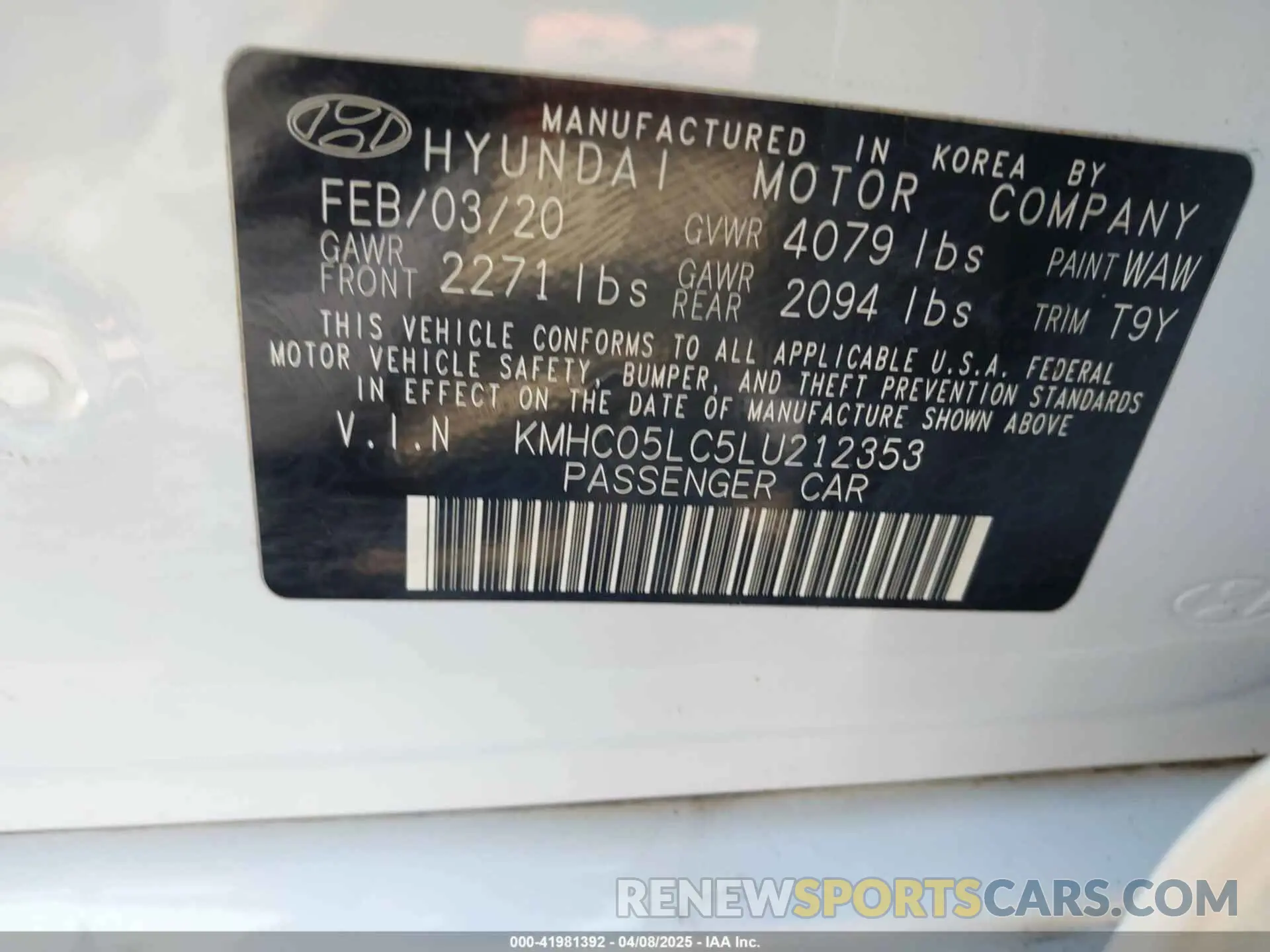 9 fotografías del automóvil dañado KMHC05LC5LU212353 HYUNDAI IONIQ HYBRID 2020