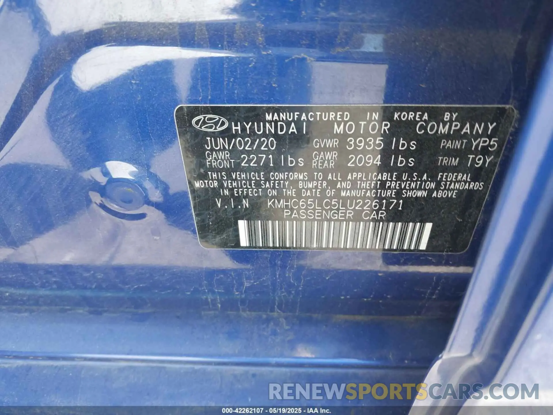 9 fotografías del automóvil dañado KMHC65LC5LU226171 HYUNDAI IONIQ HYBRID 2020