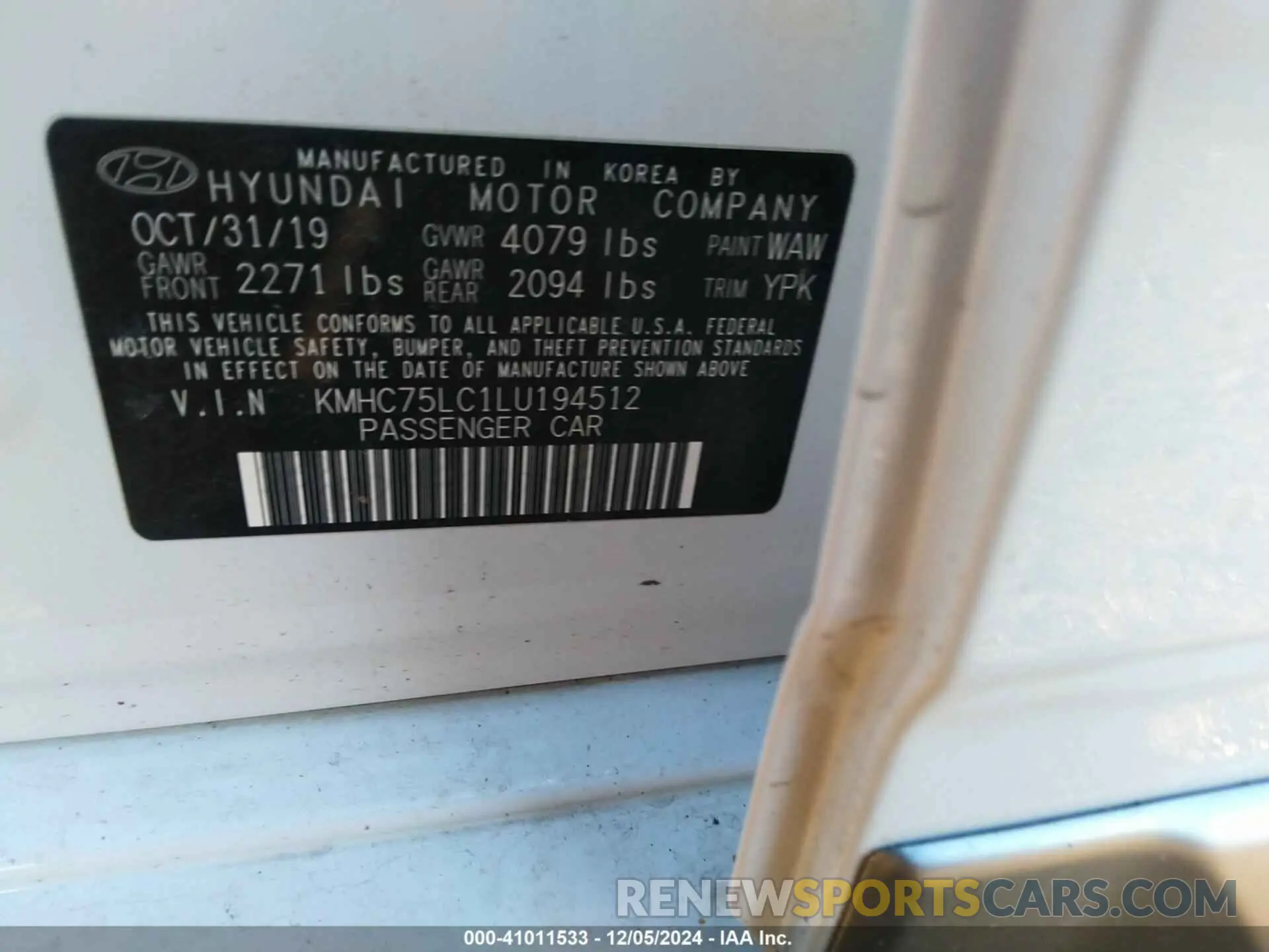 9 fotografías del automóvil dañado KMHC75LC1LU194512 HYUNDAI IONIQ HYBRID 2020