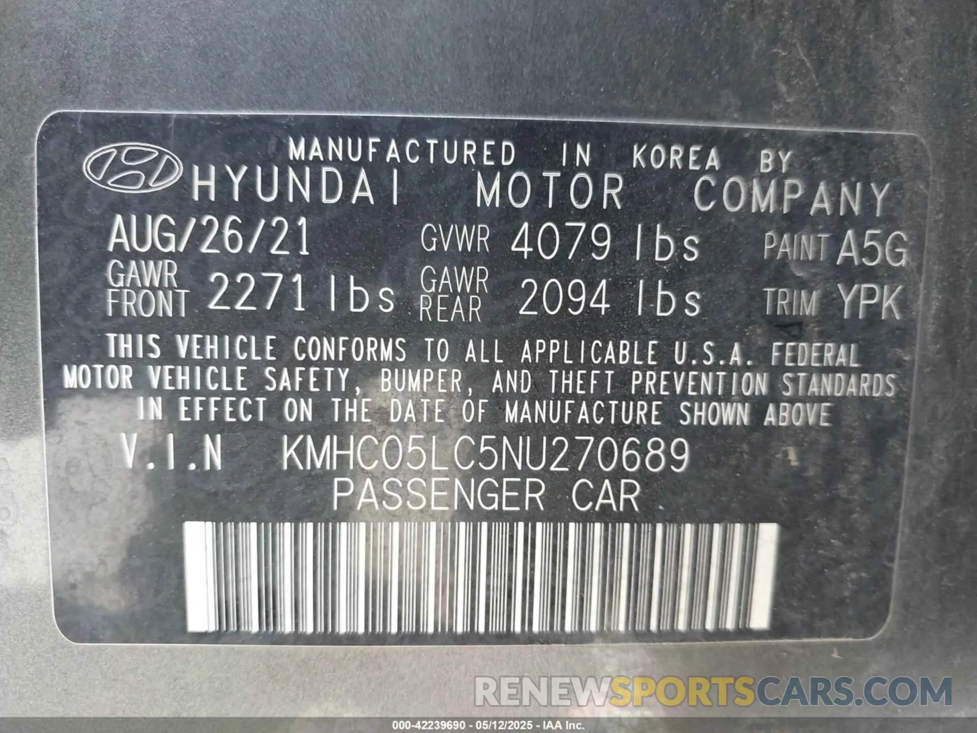 9 fotografías del automóvil dañado KMHC05LC5NU270689 HYUNDAI IONIQ HYBRID 2022