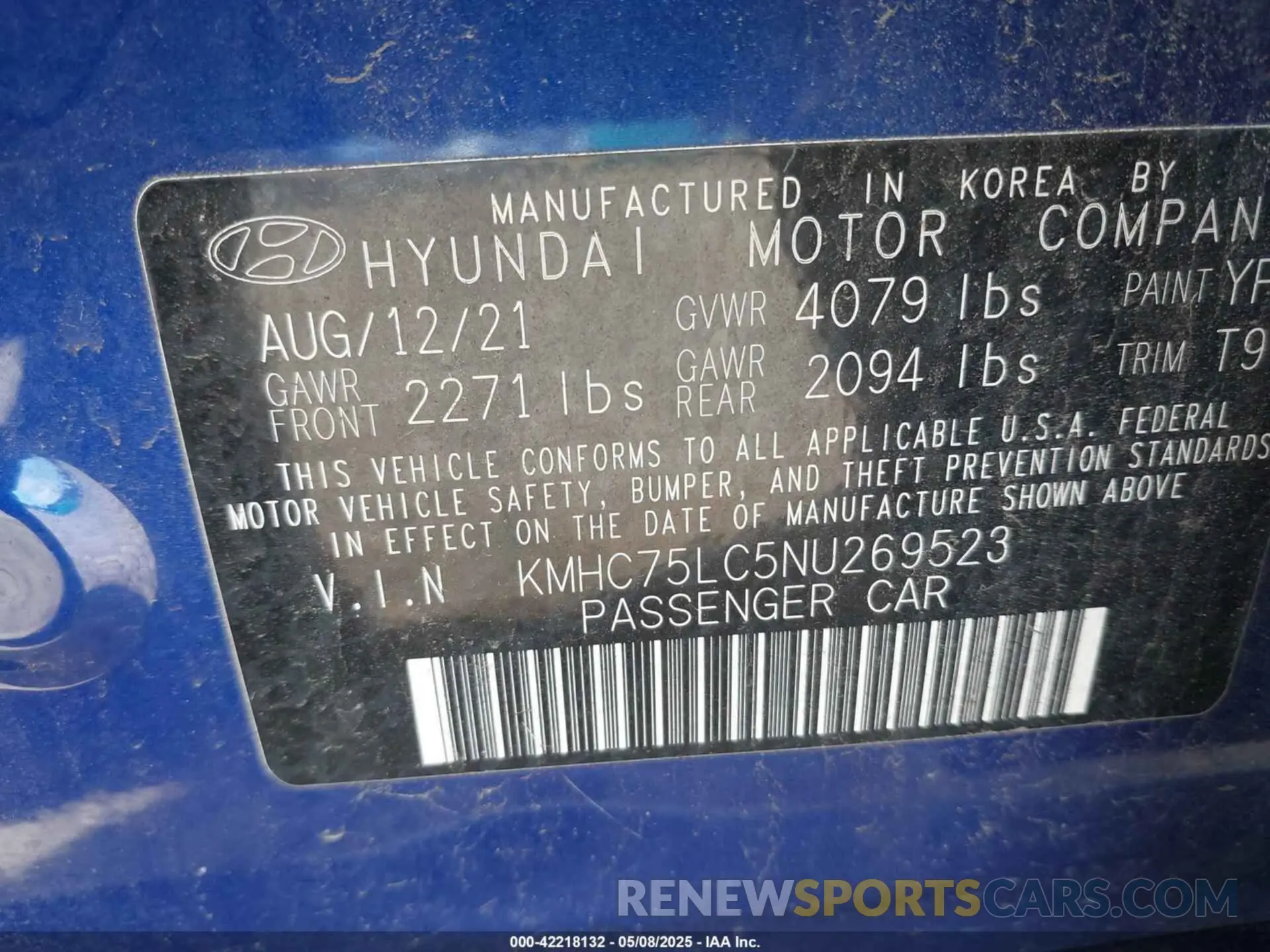 9 fotografías del automóvil dañado KMHC75LC5NU269523 HYUNDAI IONIQ HYBRID 2022