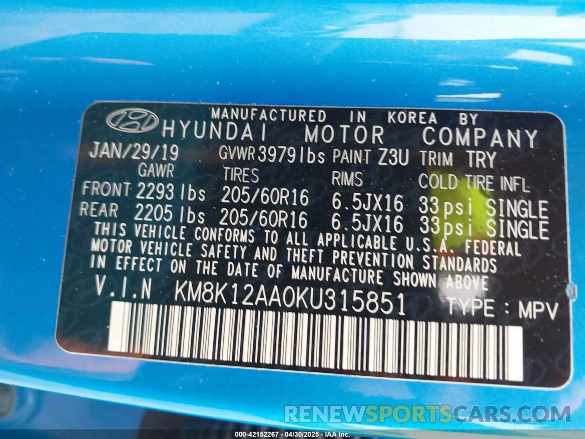 9 fotografías del automóvil dañado KM8K12AA0KU315851 HYUNDAI KONA 2019