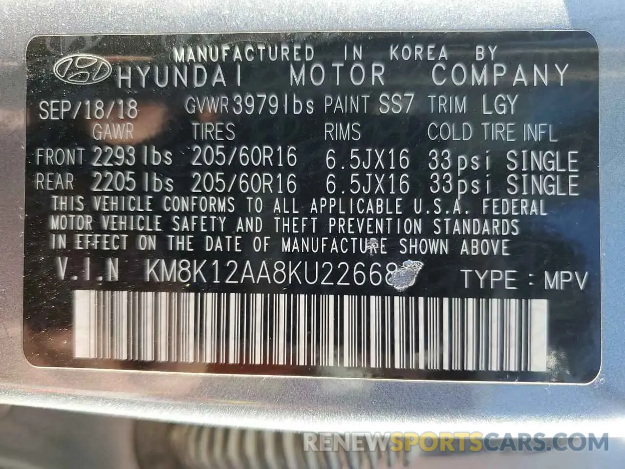13 fotografías del automóvil dañado KM8K12AA8KU226688 HYUNDAI KONA 2019