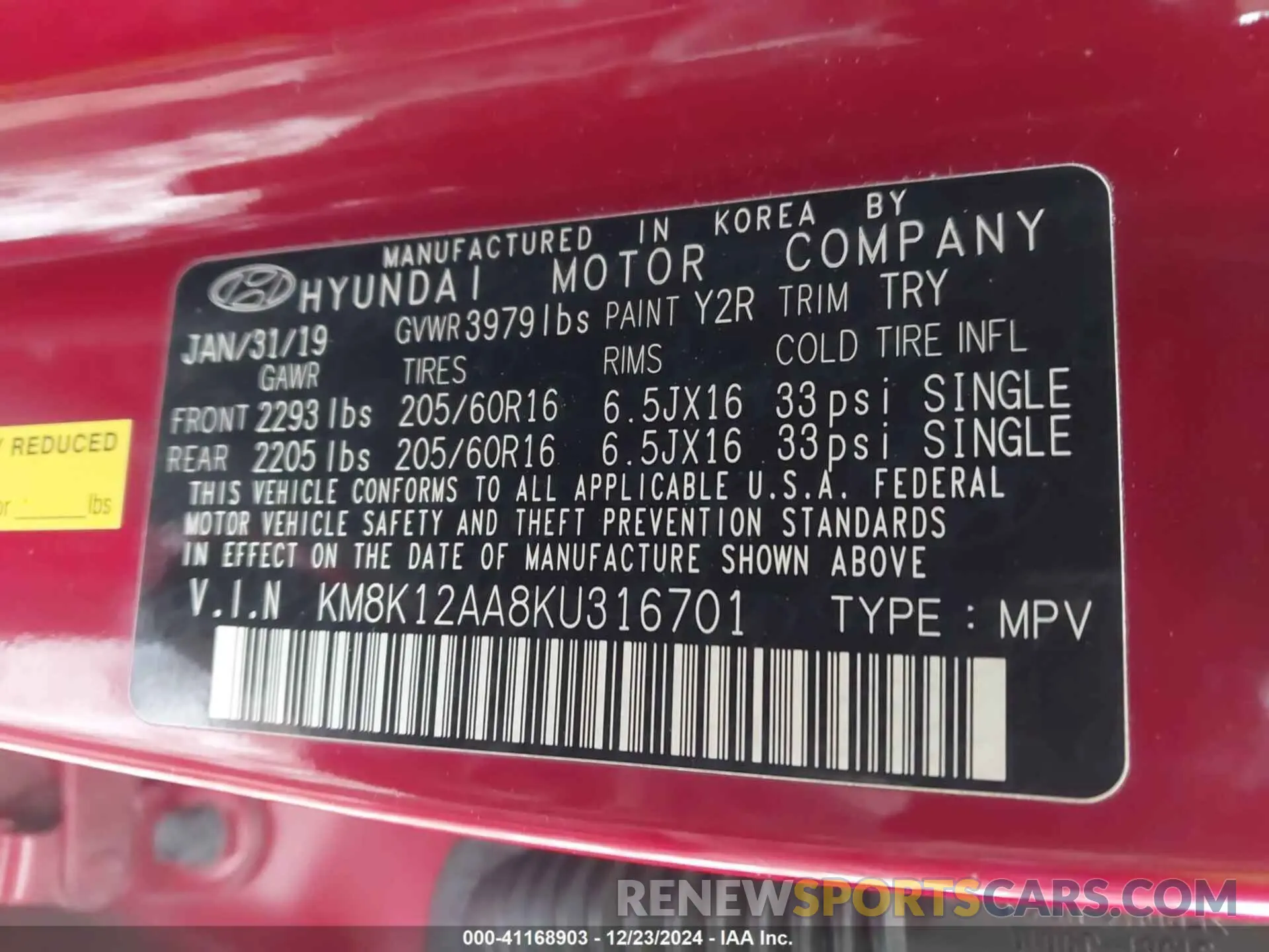 9 fotografías del automóvil dañado KM8K12AA8KU316701 HYUNDAI KONA 2019