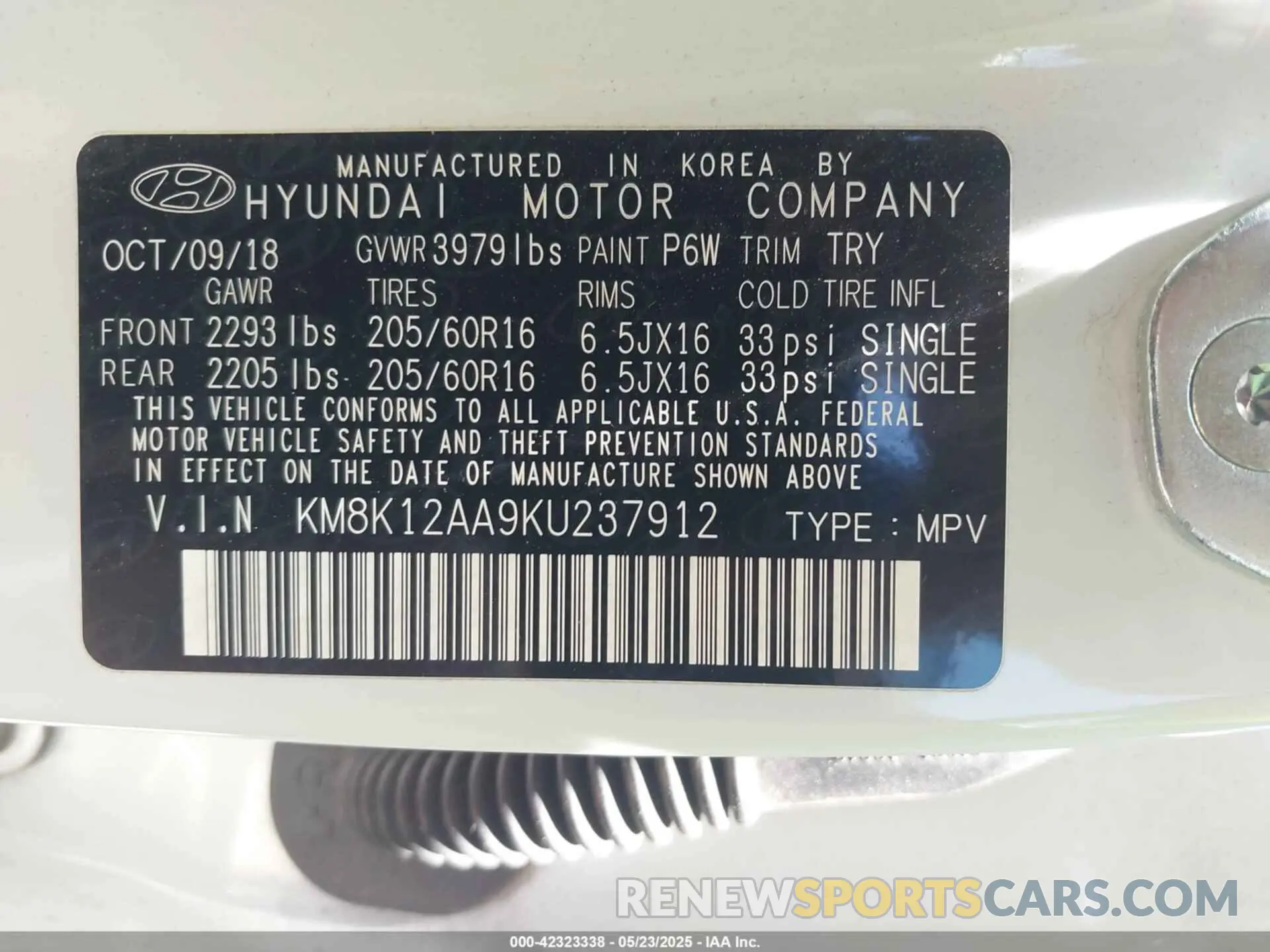 9 fotografías del automóvil dañado KM8K12AA9KU237912 HYUNDAI KONA 2019