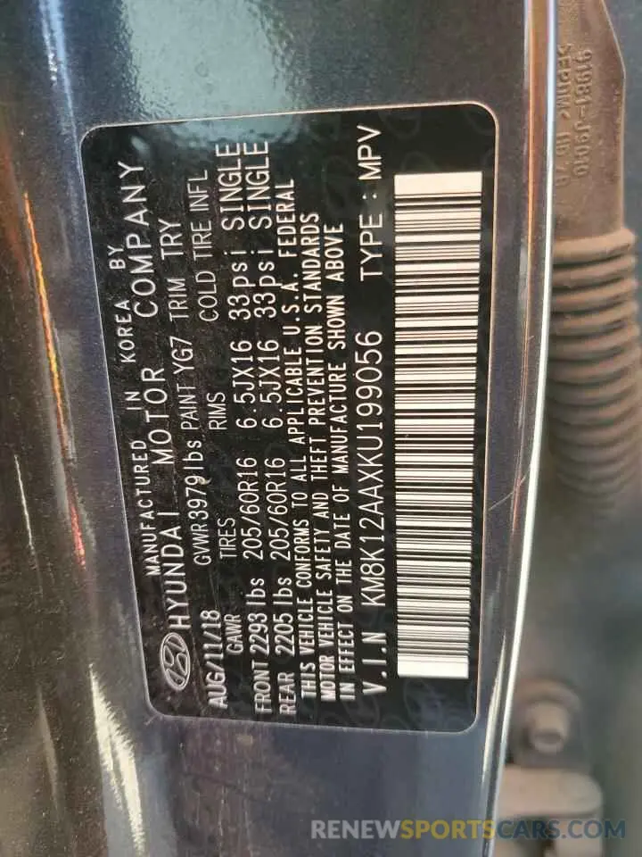14 fotografías del automóvil dañado KM8K12AAXKU199056 HYUNDAI KONA 2019