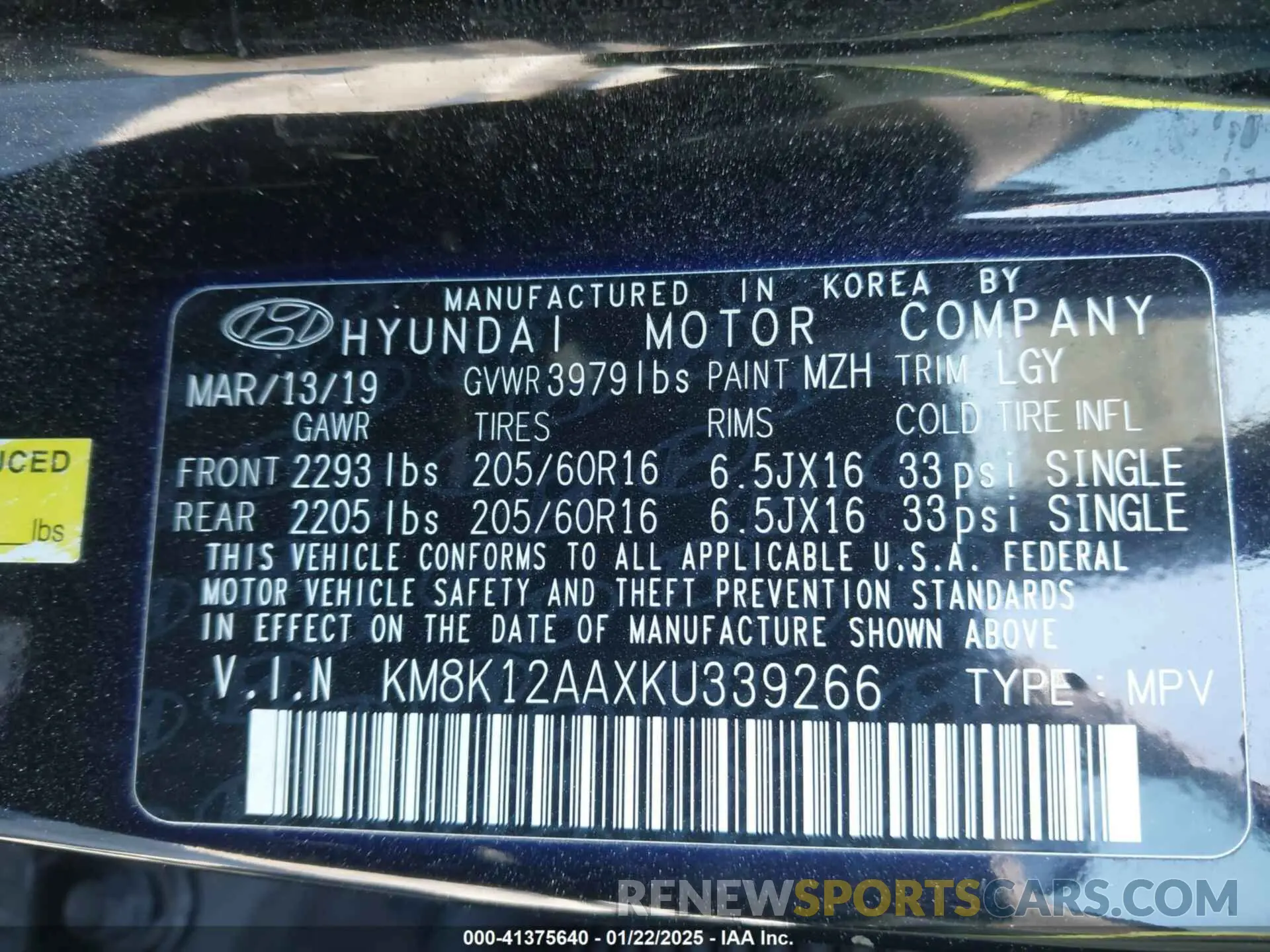 9 fotografías del automóvil dañado KM8K12AAXKU339266 HYUNDAI KONA 2019