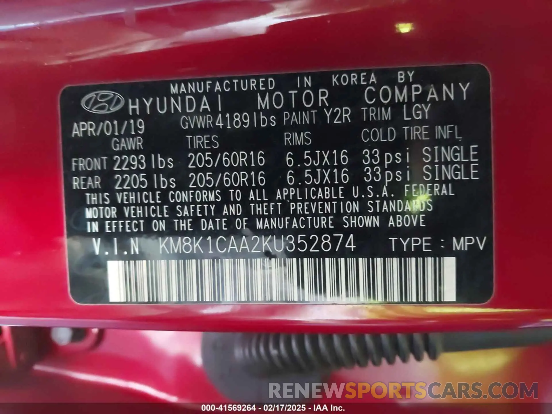 9 fotografías del automóvil dañado KM8K1CAA2KU352874 HYUNDAI KONA 2019