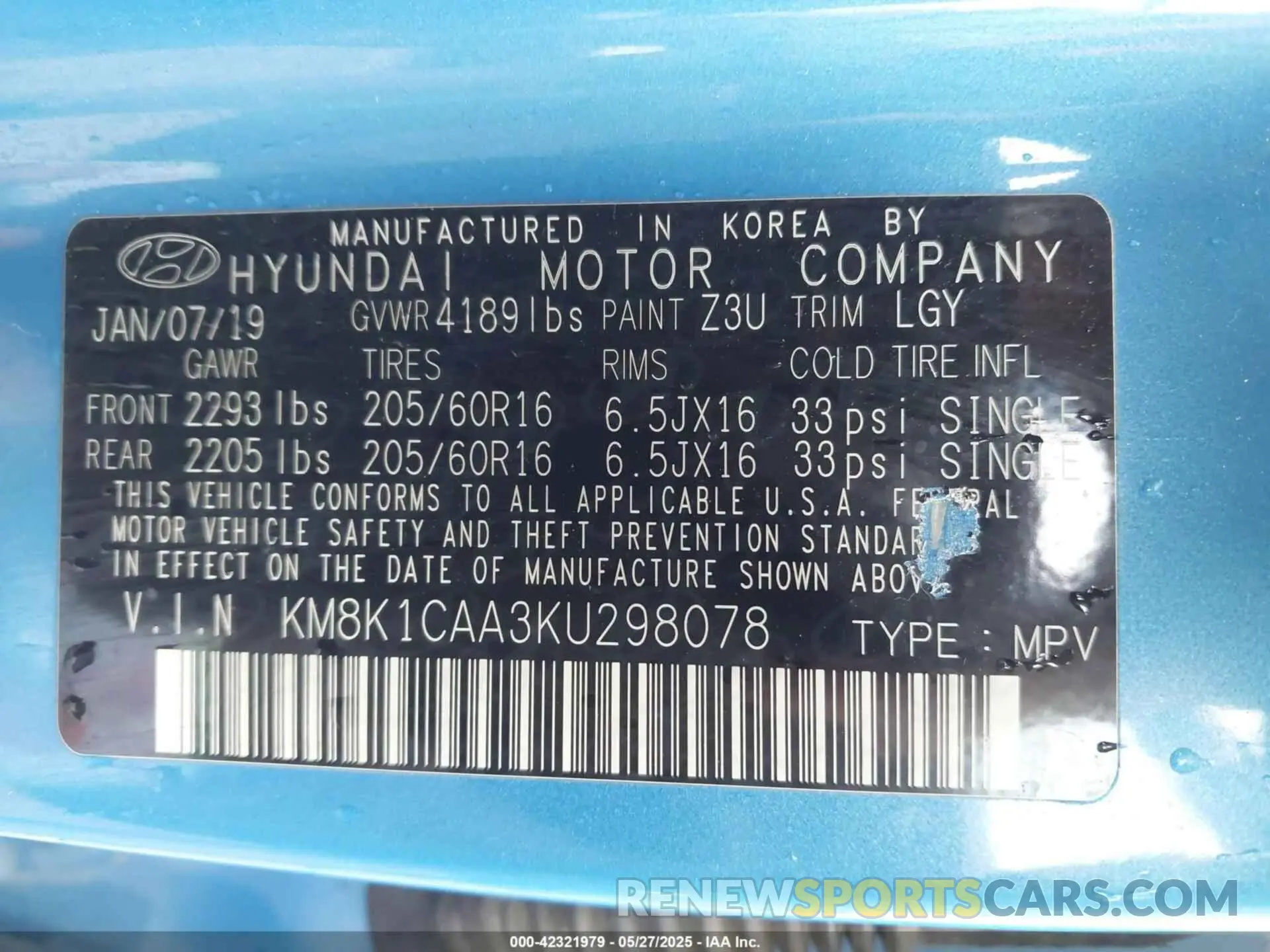 9 fotografías del automóvil dañado KM8K1CAA3KU298078 HYUNDAI KONA 2019