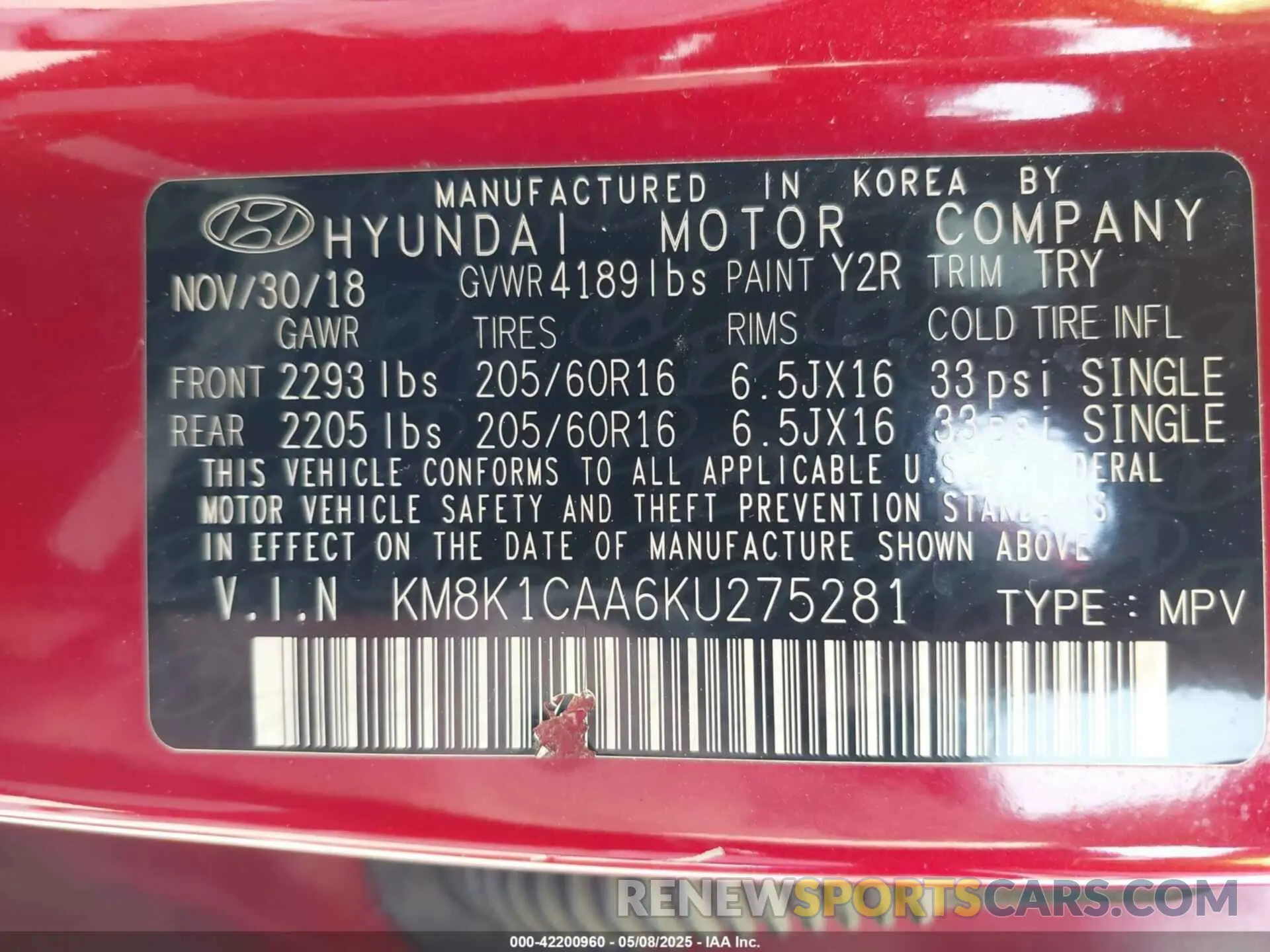 9 fotografías del automóvil dañado KM8K1CAA6KU275281 HYUNDAI KONA 2019
