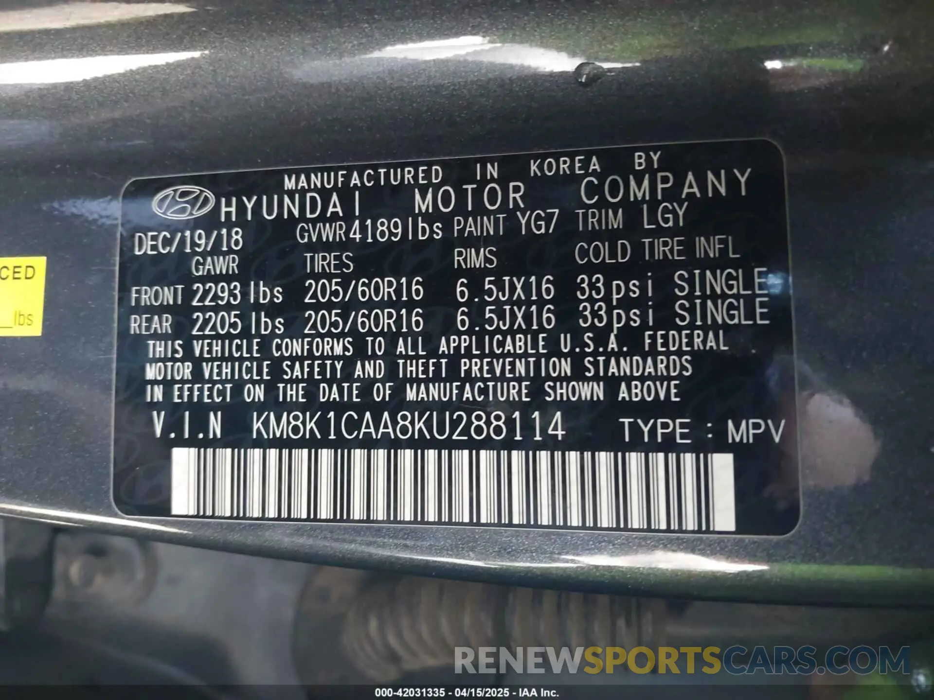 9 fotografías del automóvil dañado KM8K1CAA8KU288114 HYUNDAI KONA 2019