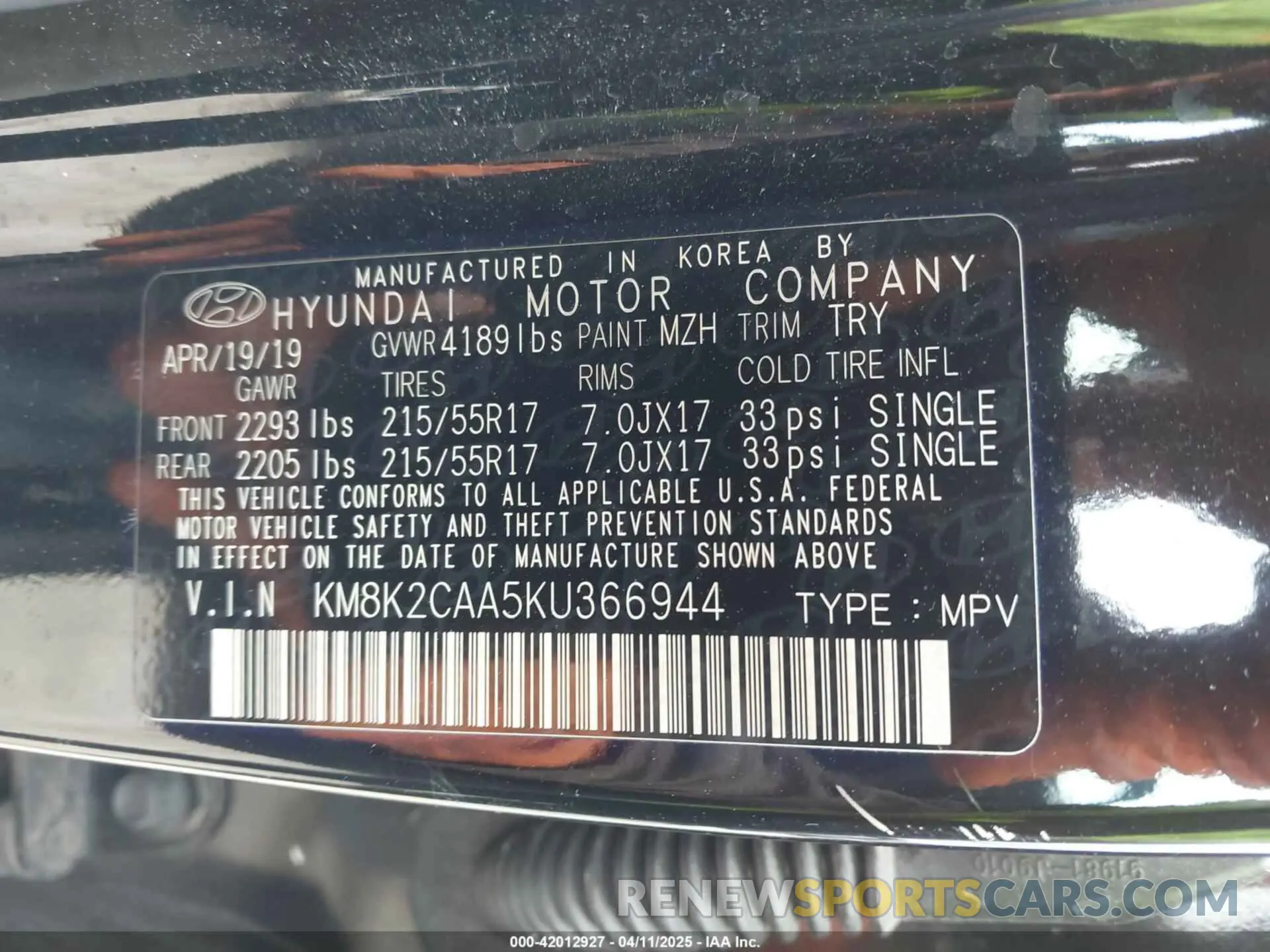 9 fotografías del automóvil dañado KM8K2CAA5KU366944 HYUNDAI KONA 2019