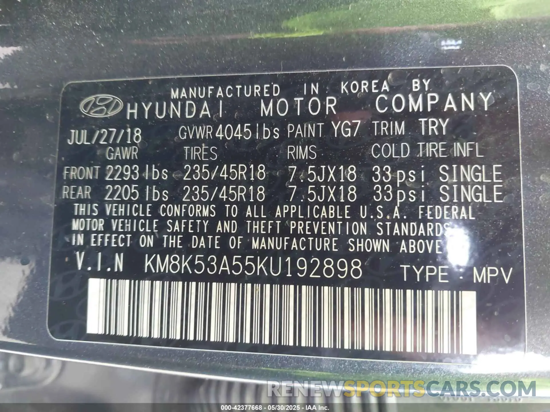 9 fotografías del automóvil dañado KM8K53A55KU192898 HYUNDAI KONA 2019