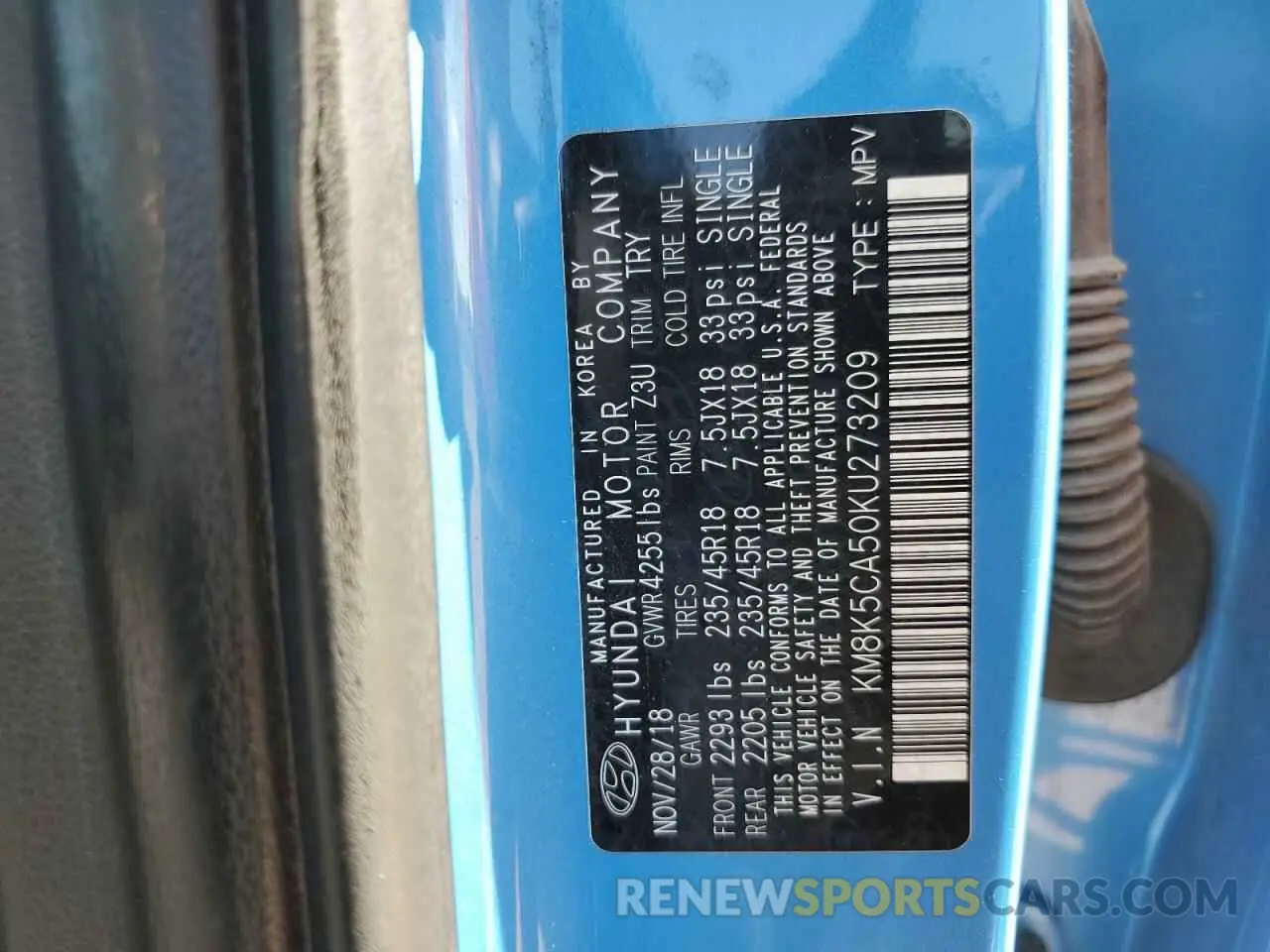 14 fotografías del automóvil dañado KM8K5CA50KU273209 HYUNDAI KONA 2019