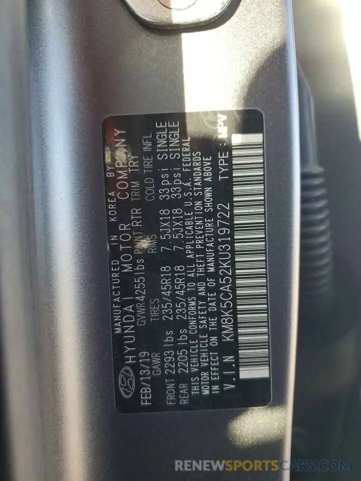 13 fotografías del automóvil dañado KM8K5CA52KU319722 HYUNDAI KONA 2019