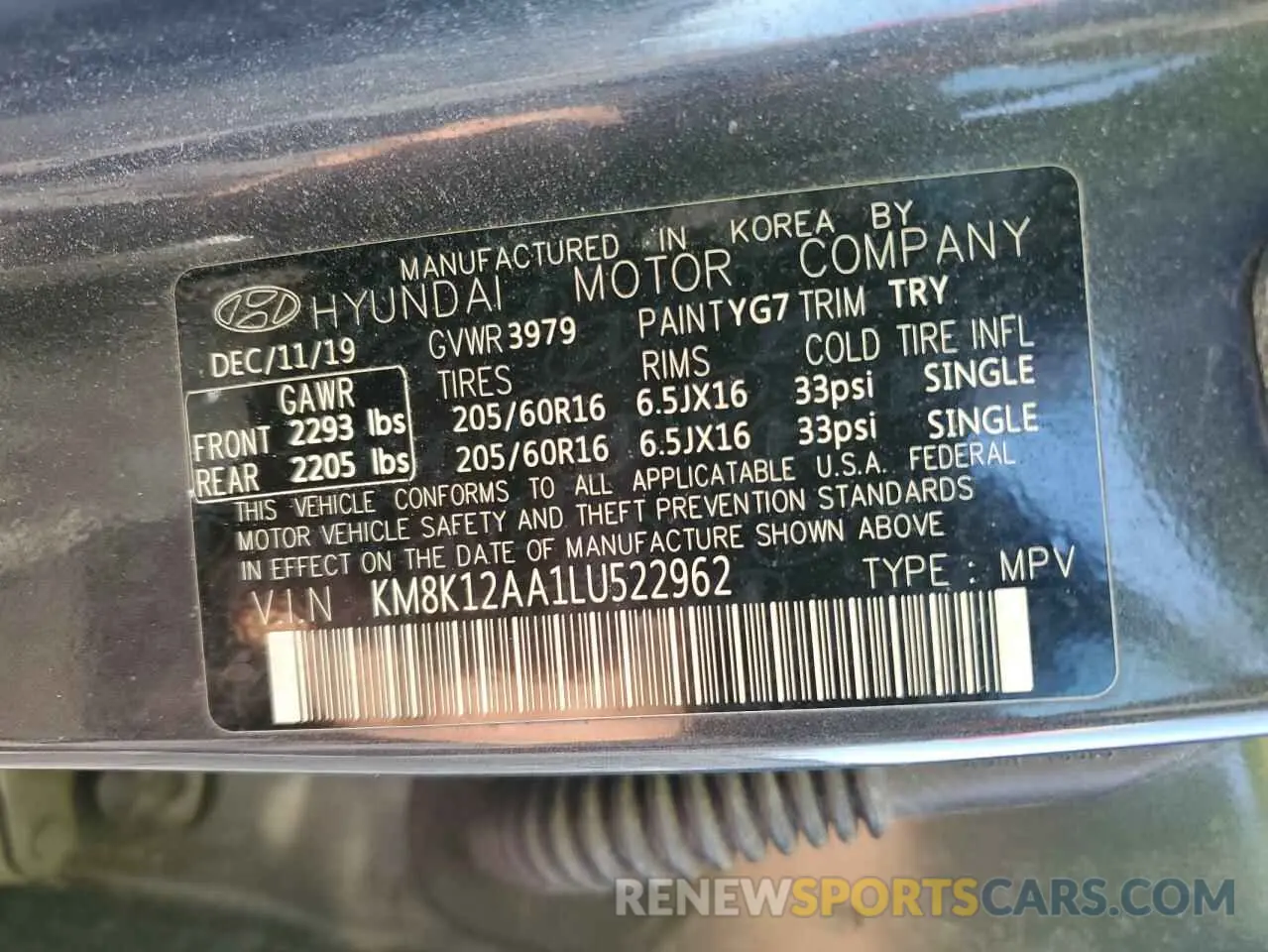14 fotografías del automóvil dañado KM8K12AA1LU522962 HYUNDAI KONA 2020